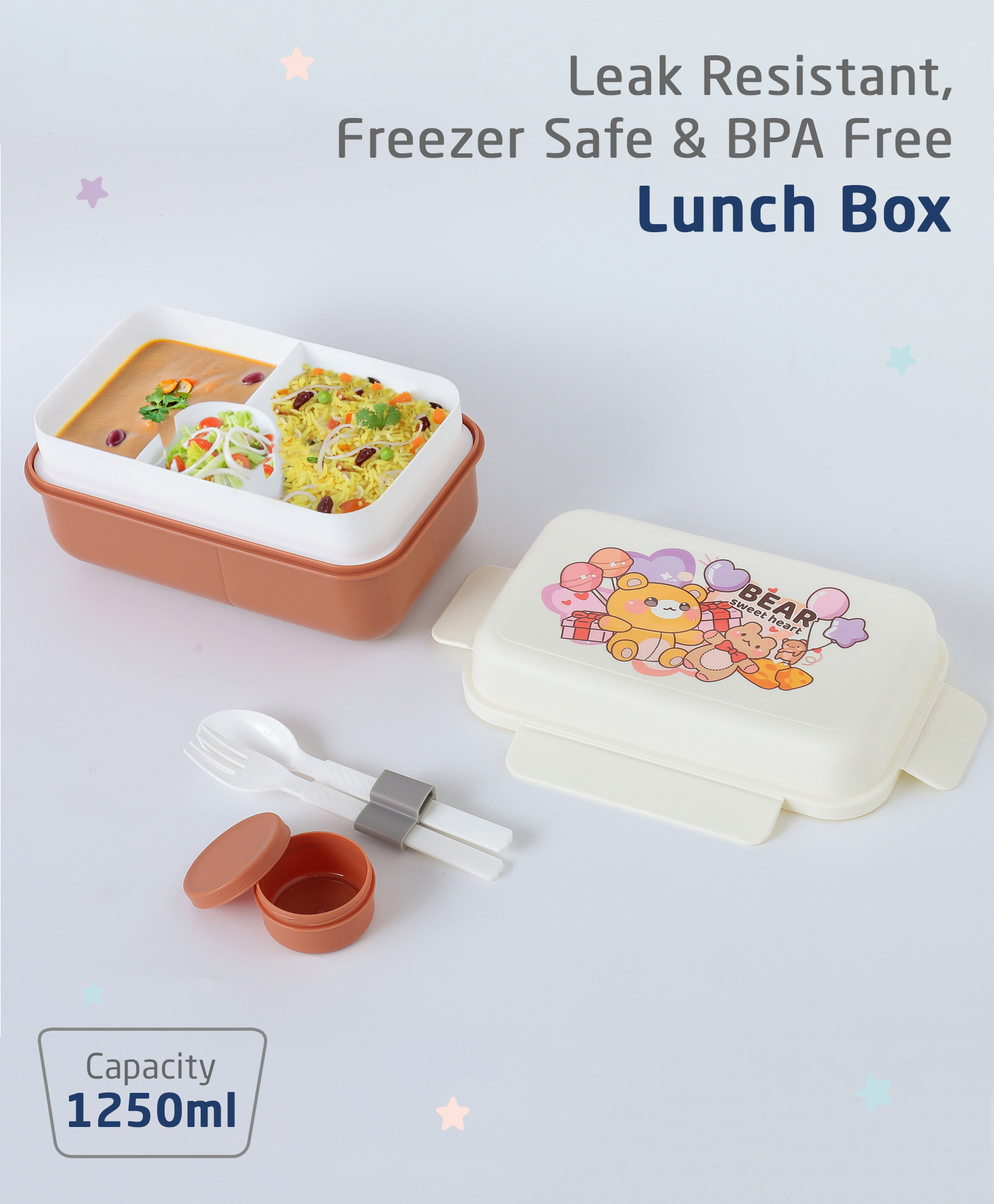 ZOE Portable Lunch Box with Spoon & Fork Bear Print - Brown-image-17