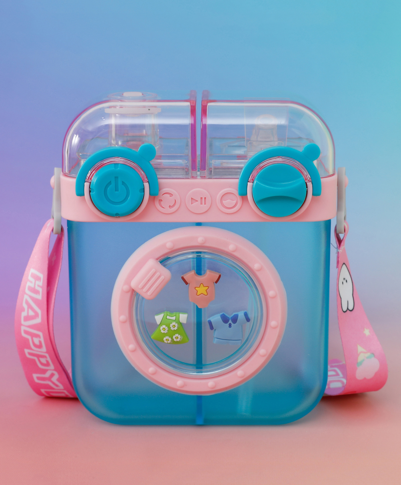 Kids Water Bottle with Strap 500ml - Blue| Cute Washing Machine Design| Leak-Resistant| Lightweight Bottle for School & Travel| Straw Sipper for Boys & Girls-image-27