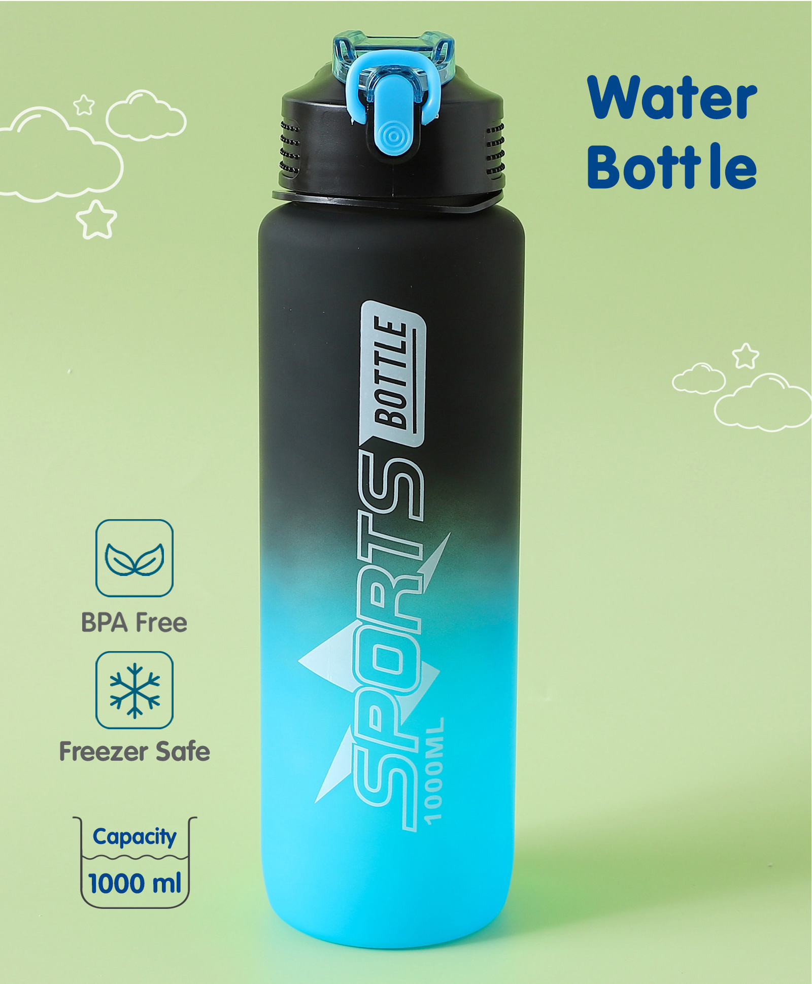 Leak Proof BPA Free Sports Bottle Black - 1000 ml-image-22