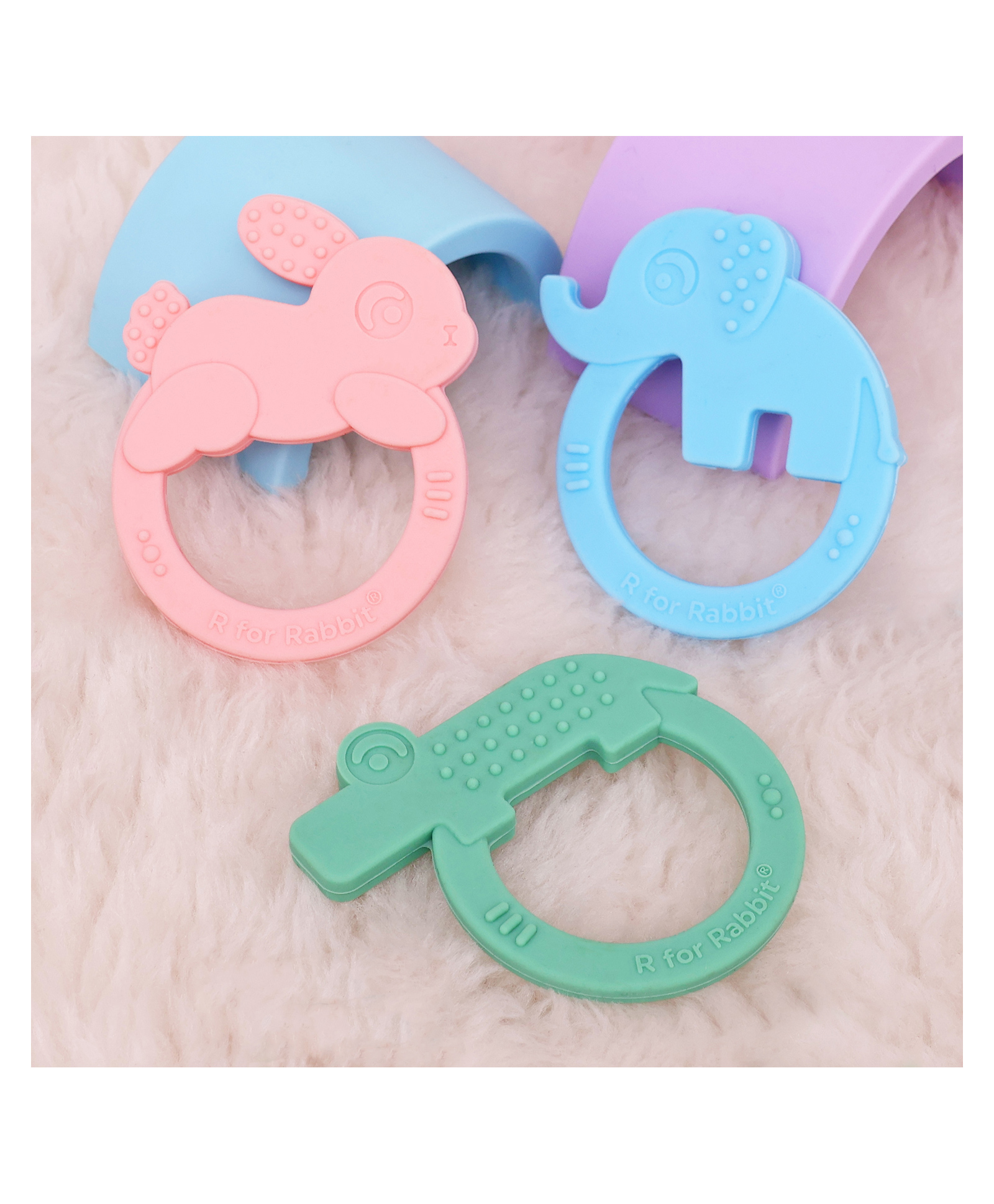 R for Rabbit Elephant Shaped Tiny Bites Zoobie Teether Pack of 3 - Green Blue & Pink-image-13