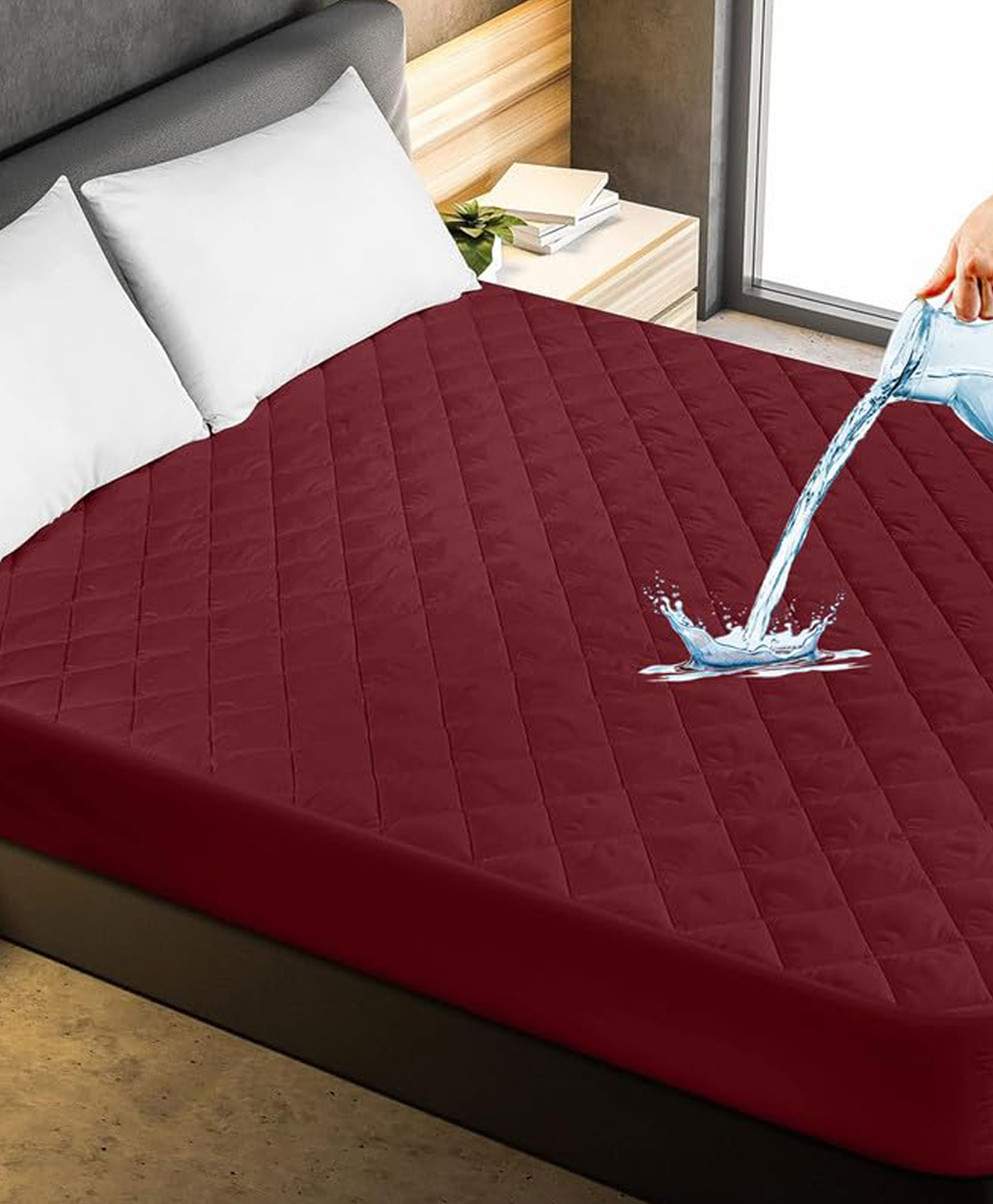 GADDA CO Waterproof Cotton Feel Quilted Mattress Protector King Size Breathable Hypoallergenic Ultra Soft Fitted Bed Protector 72x72 Inch Bed Cover (King 72x72 inch 6x6 ft, Maroon)