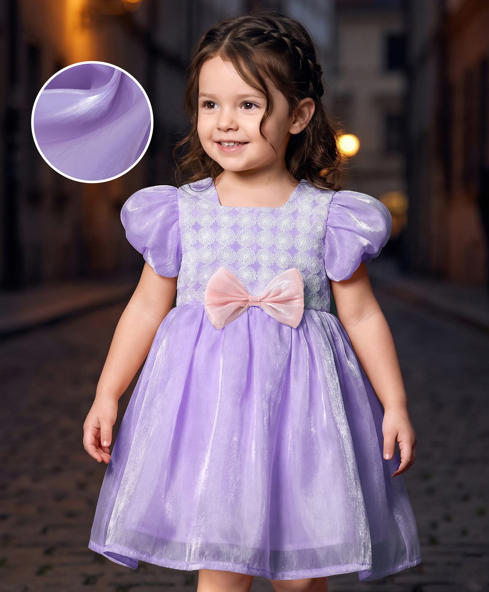 Mark & Mia Puff Sleeves Party Dress with Bow Applique - Purple-image-44