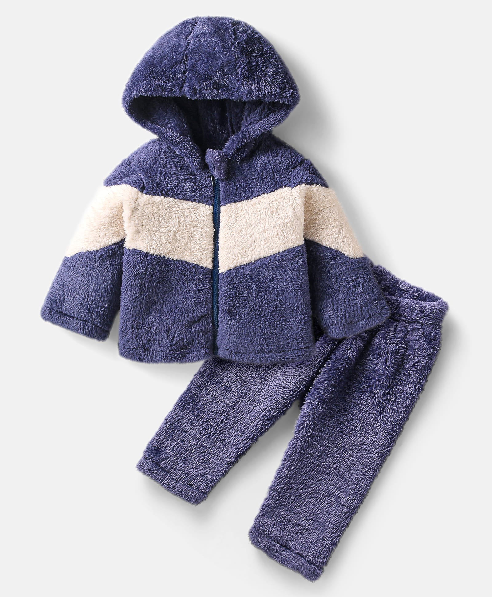Babyhug Woven Full Sleeves Hooded Fur Winter Wear Suit with Colour Block Design - Navy Blue-image-36