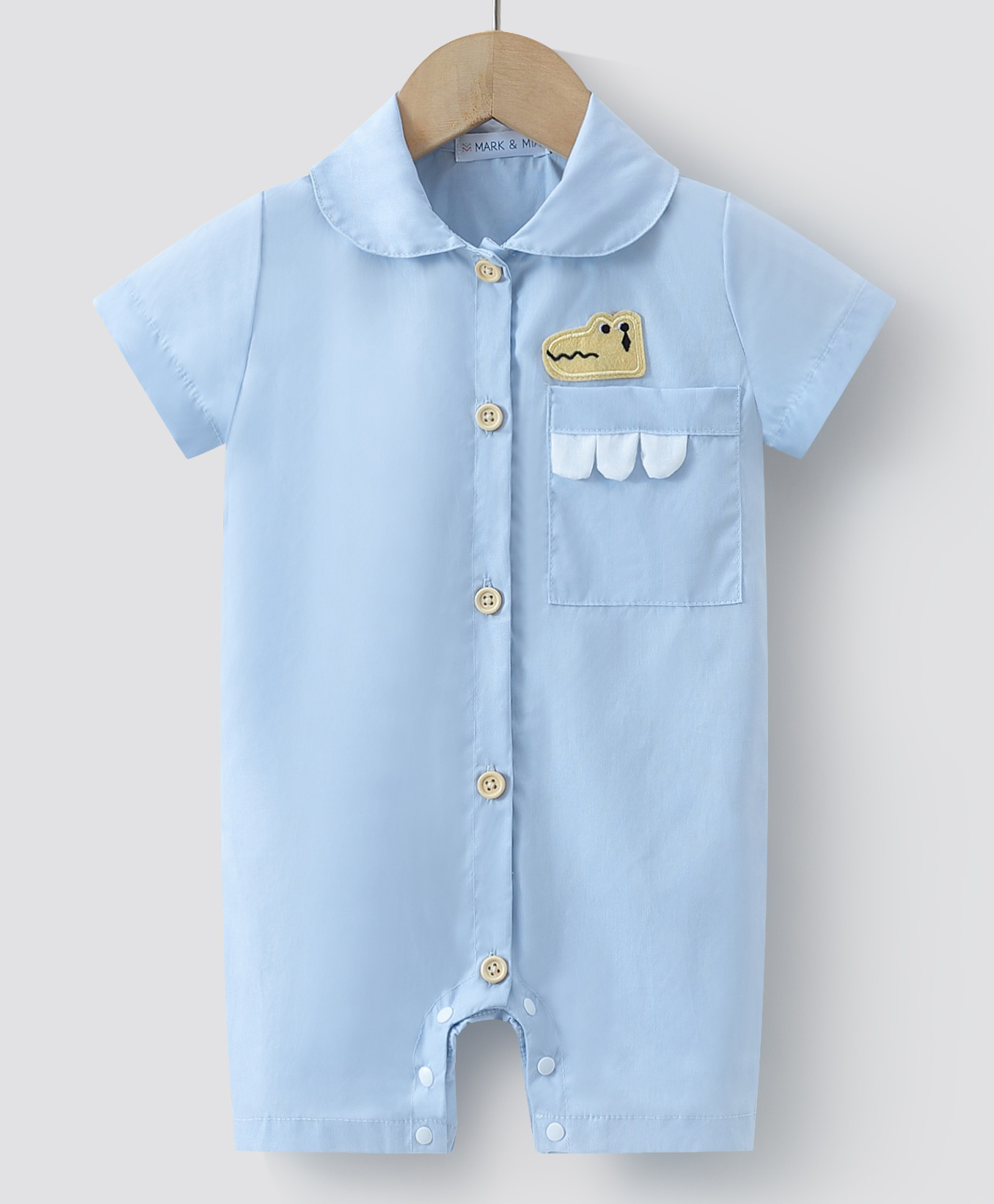Mark & Mia Half Sleeves Solid Colour Collared Front Open Romper with Crocodile Patch - Light Blue-image-35