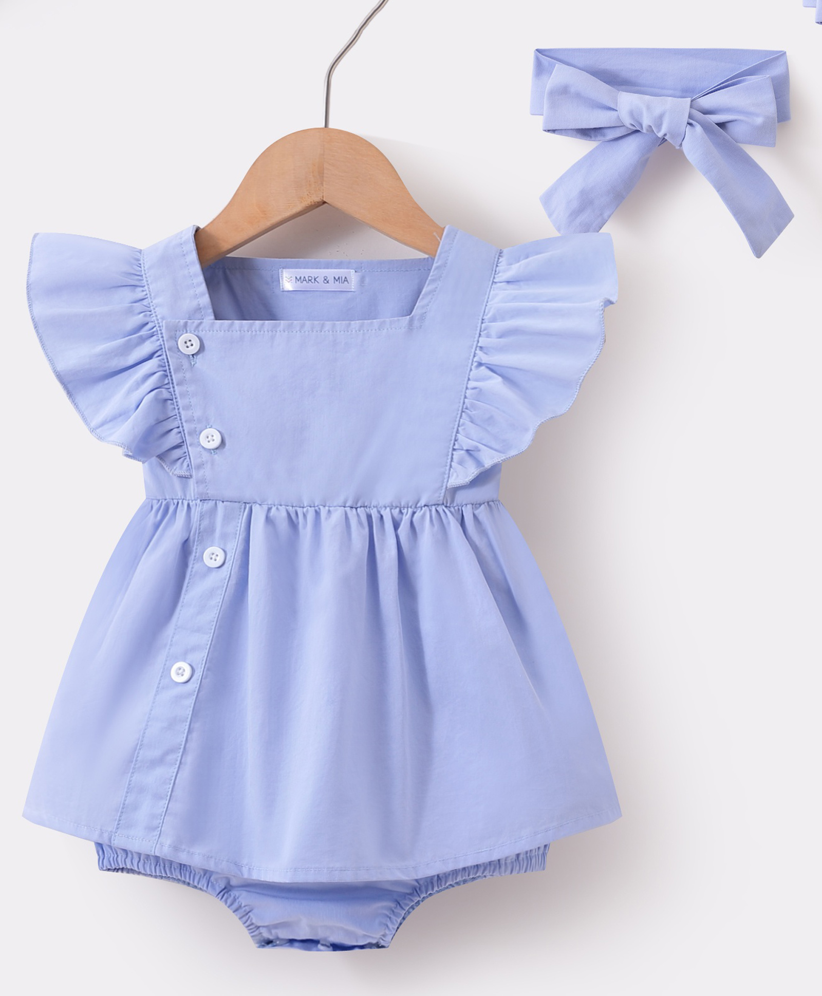 Mark & Mia Frill Sleeves Solid Colour Frock Style Onesie with Headband - Light Blue-picture-27