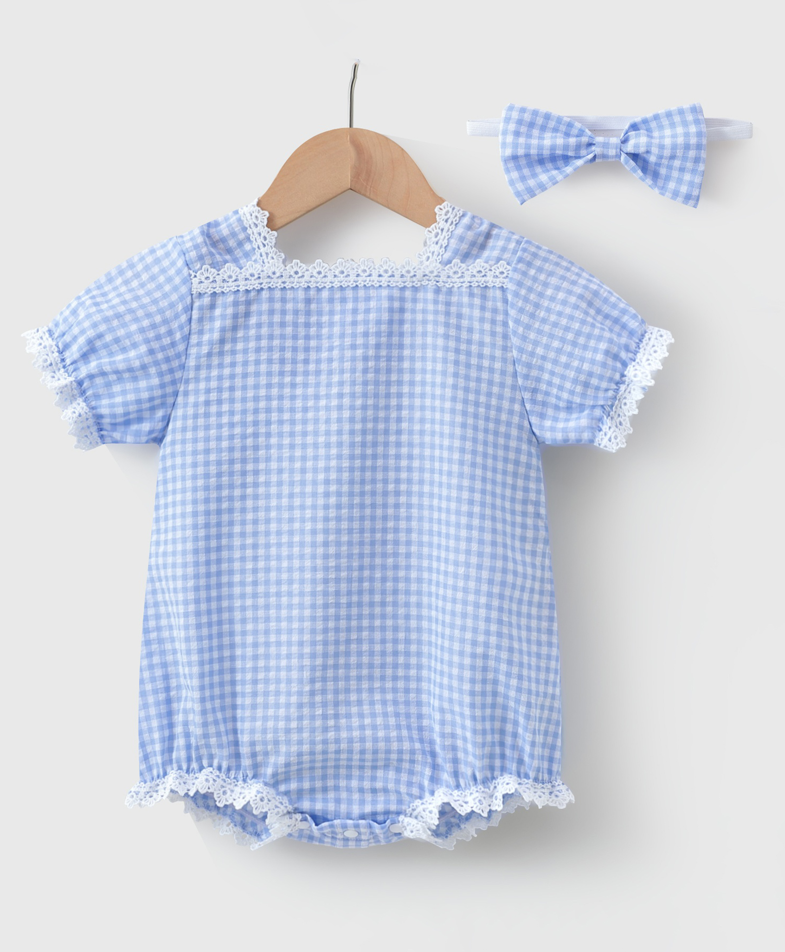 Mark & Mia Half Sleeves Checkered Onesie with Headband & Lace Detailing - Light Blue-image-27