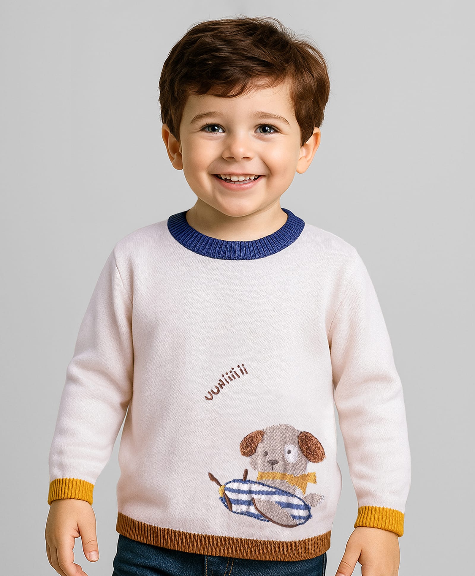Babyhug Knitted Full Sleeves Pullover Sweater With Animal Design - White