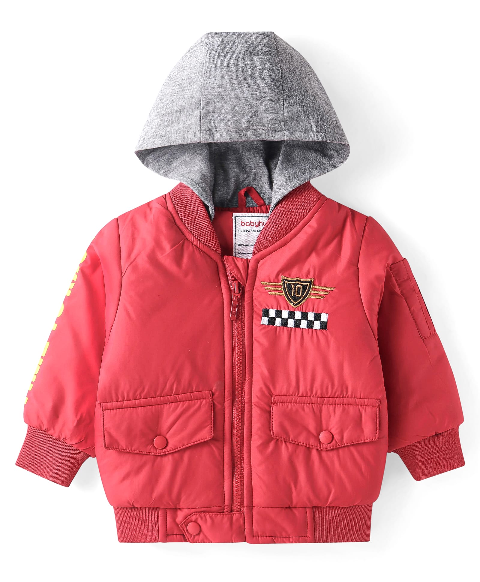 Babyhug Woven Full Sleeves Text Printed Hooded Padded Jacket - Red-image-24