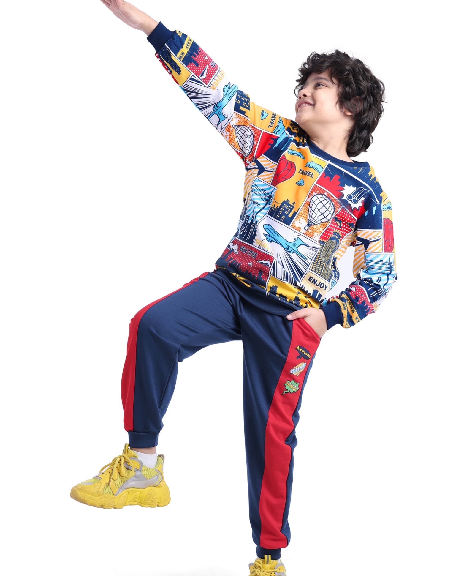 Ollington St. 100% Cotton Knit Full Sleeves Sweatshirt & Joggers Set with Airplane Print - Red & Navy Blue-picture-37