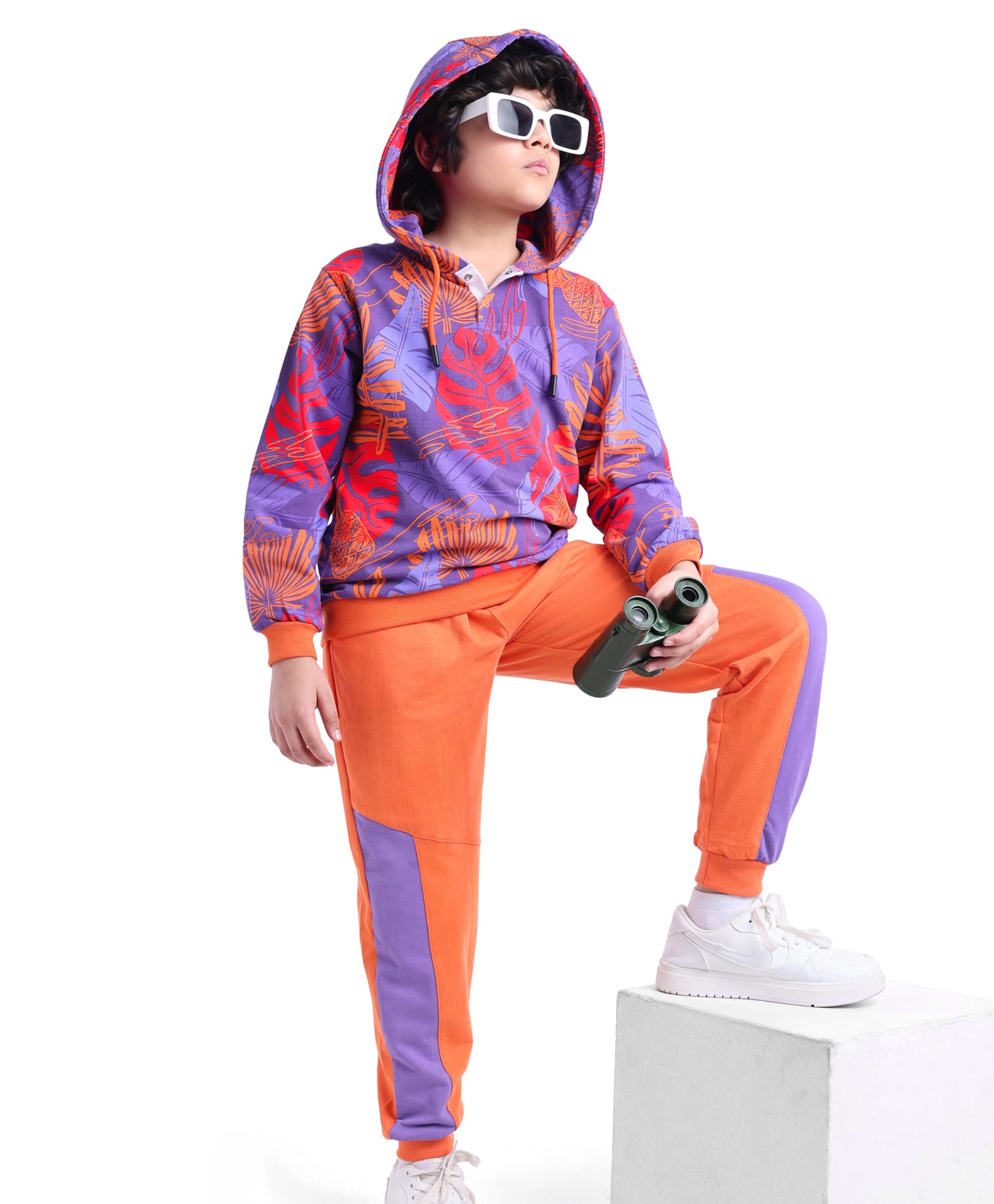 Ollington St. 100% Cotton Knit Full Sleeves Hooded Sweatshirt & Joggers Set Tropical Theme Print - Purple Orange & Red-picture-39