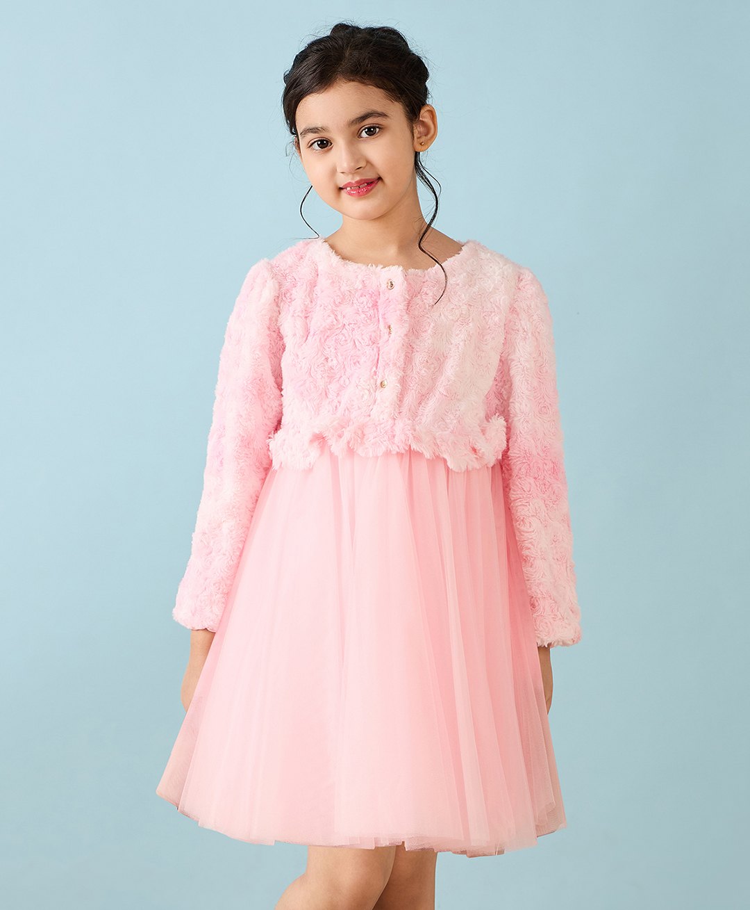 stylobug Stylo Bug Full Sleeves Fur Detailed Flared Dress - Pink-picture-35