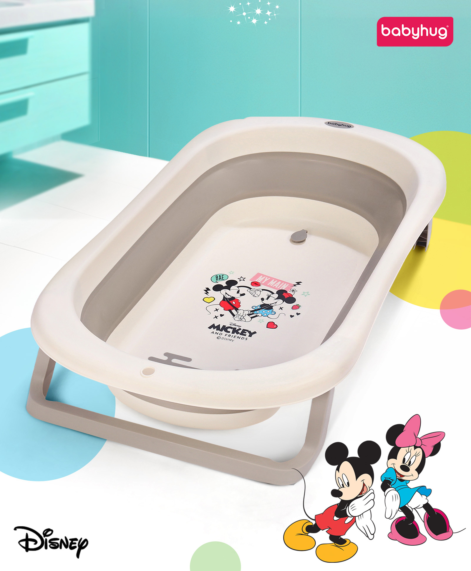 Babyhug Disney Foldable Baby Bathtub with Heat Sensitive Drain Plug & Mickey & Friends Graphics - White-picture-17