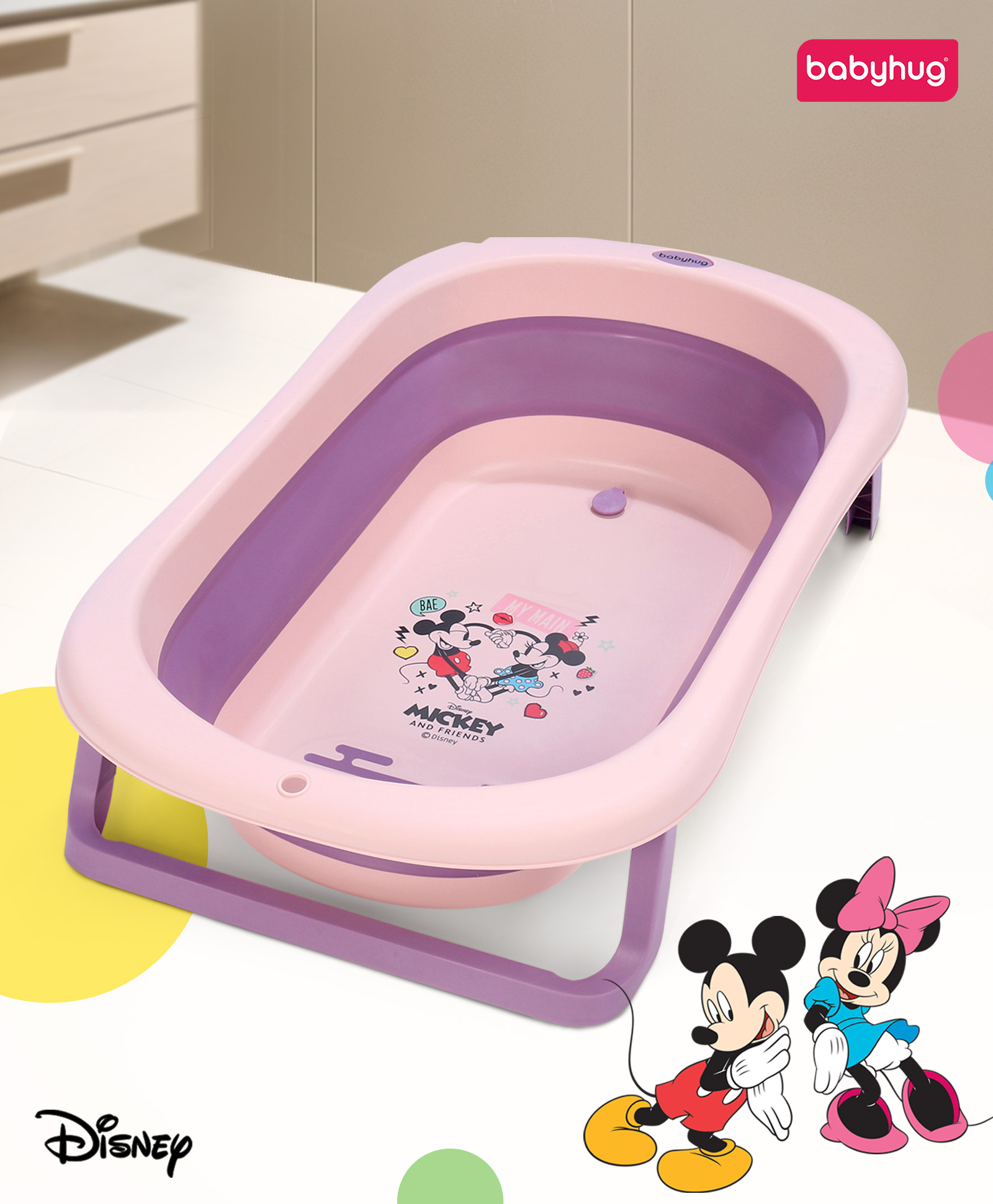 Babyhug Disney Foldable Baby Bathtub with Heat Sensitive Drain Plug & Mickey & Friends Graphics - Pink-picture-25