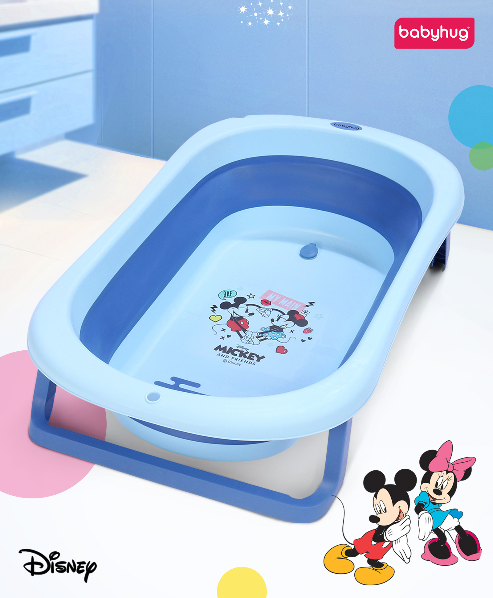 Babyhug Disney Foldable Baby Bathtub with Heat Sensitive Drain Plug & Mickey & Friends Graphics - Blue-picture-13