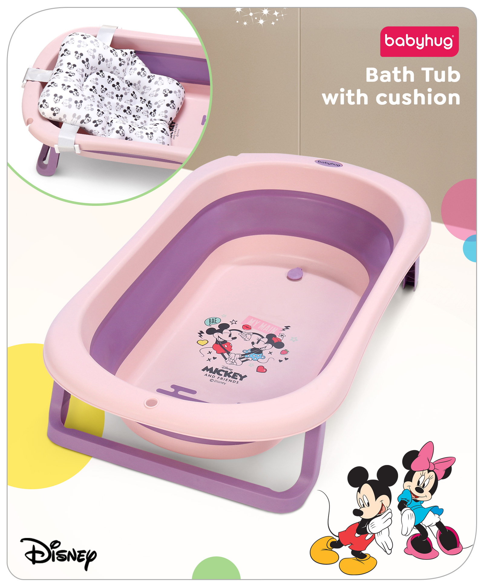 Babyhug Disney Foldable Baby Bathtub with Cushion & Mickey & Friends Graphics -Pink-image-27
