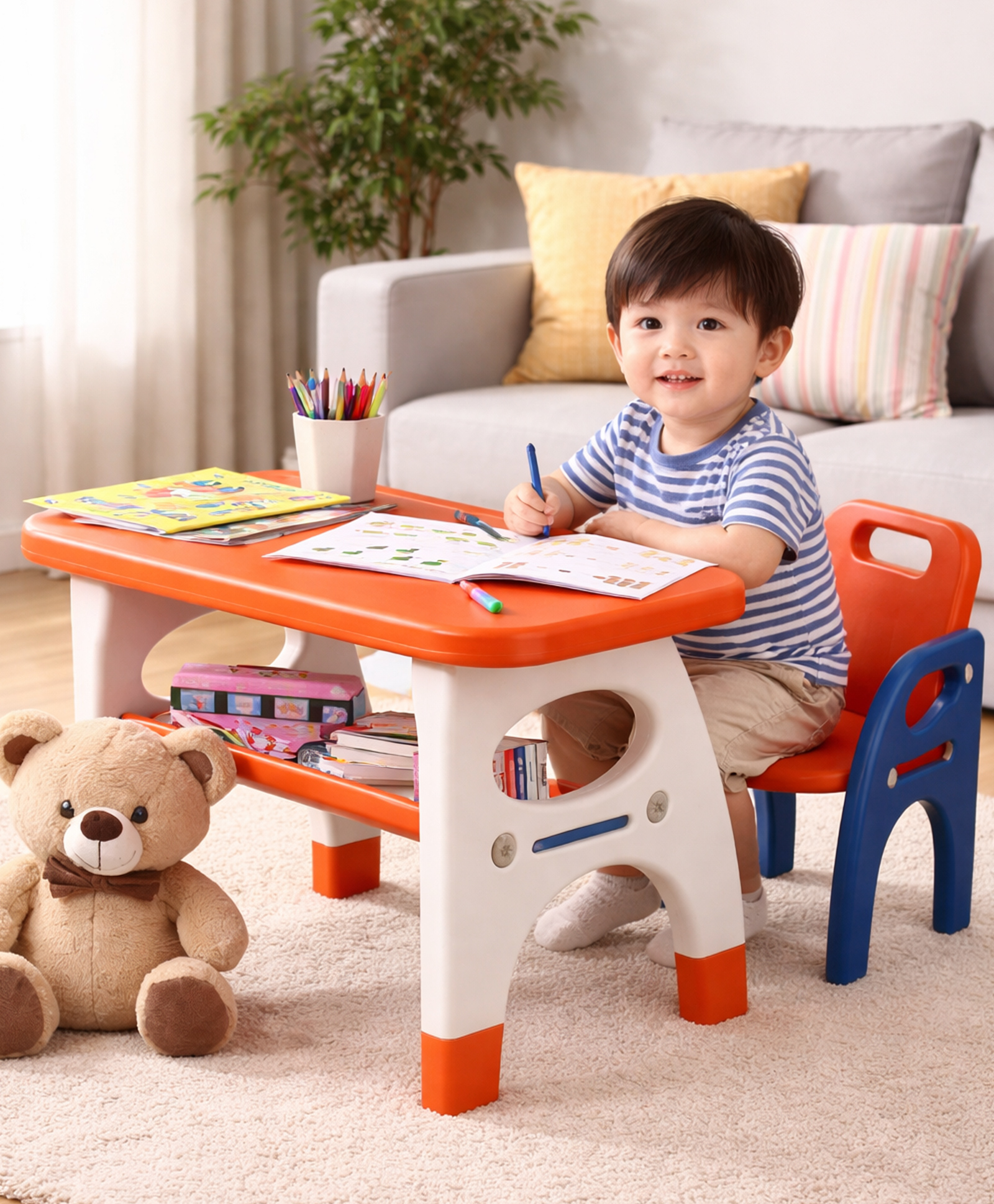 Kids Table And Chair with Under Desk Storage - Orange & Blue-image-49