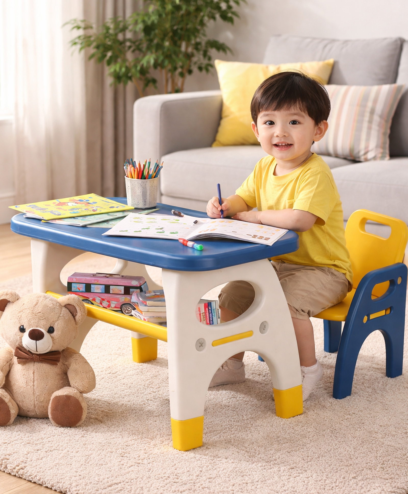 fab n funky Kids Table And Chair with Under Desk Storage - White & Blue-picture-28