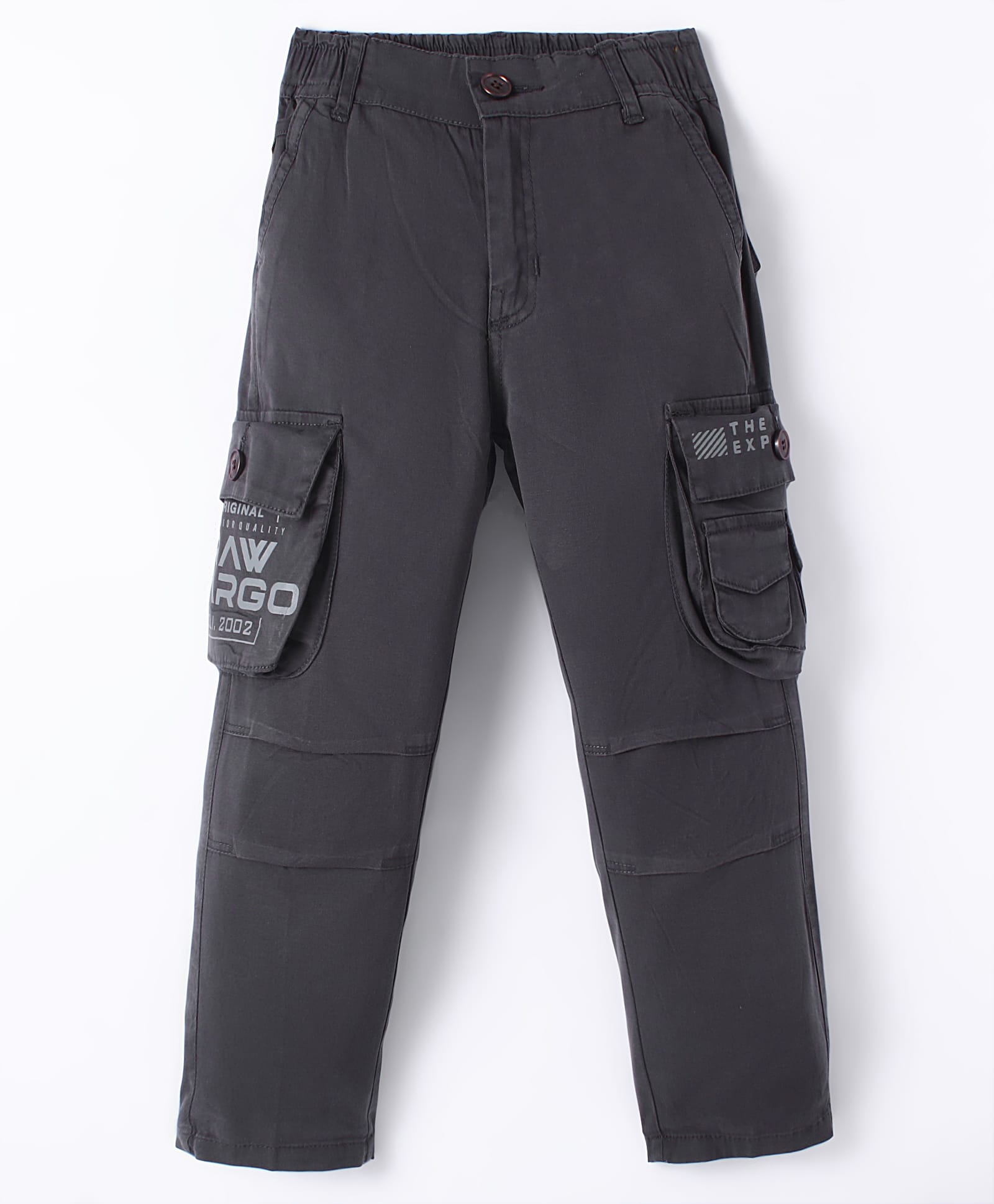 Olio Kids Cotton Woven Full Length Text Printed Jeans with Cargo Pockets - Grey-picture-11