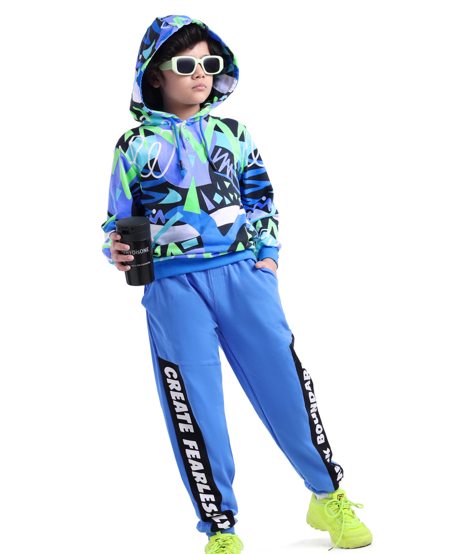 Ollington St. 100% Cotton Knit Full Sleeves Hooded Sweatshirt & Joggers Set with Text Print - Blue & Green-picture-38
