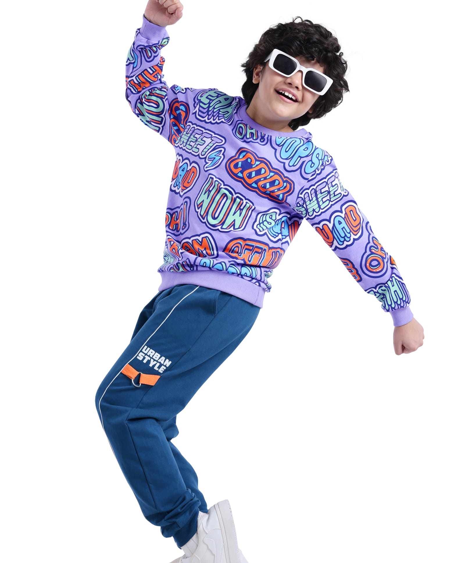 Ollington St. 100% Cotton Knit Full Sleeves Sweatshirt & Joggers Set with Text Print - Purple-image-49