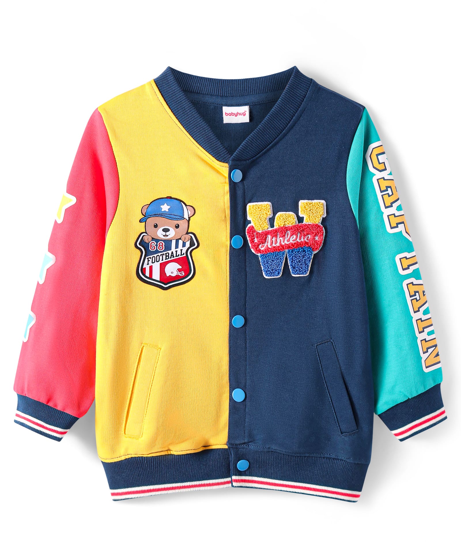 Babyhug Full Sleeves Front OpenBomber Jacket With Embroidery & Badge Detailing - Yellow Blue & Red-image-35