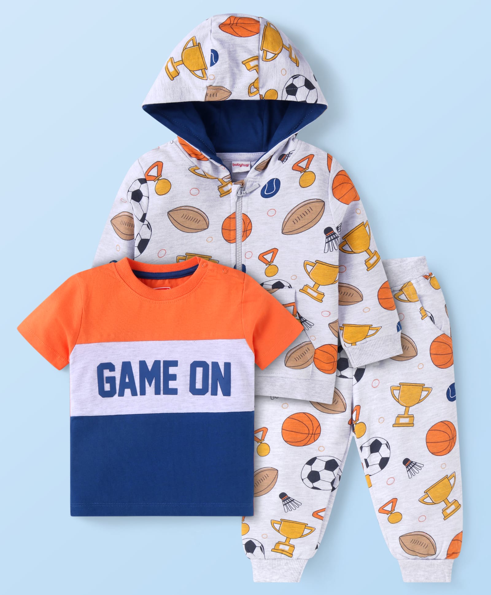 Babyhug Terry Knit Full Sleeves Front Open Game on Theme Print Hodded Sweatjacket & Lounge Pant Set with Text Printed T-Shirt - White Blue & Orange-picture-18