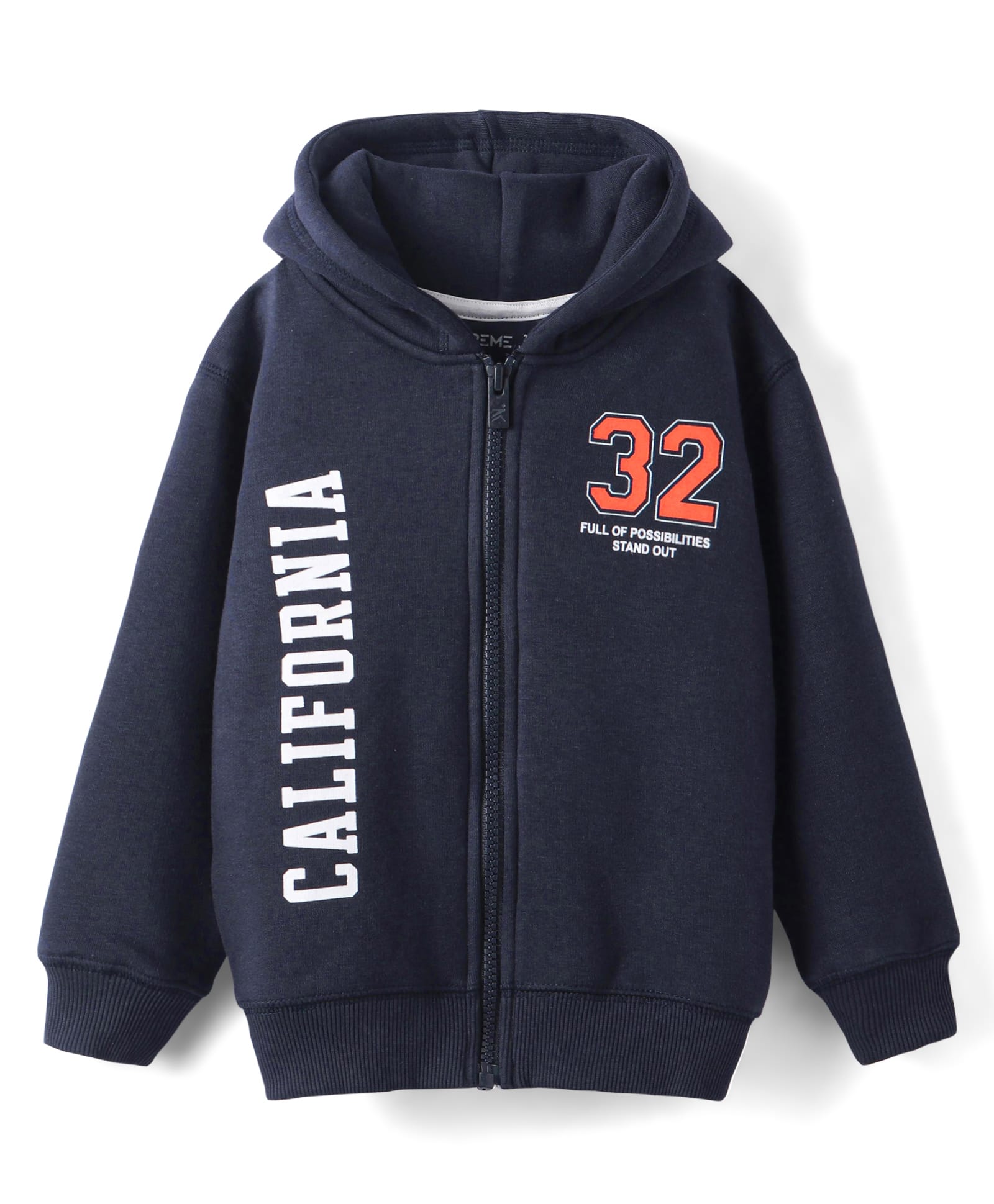 Doreme Fleece Knit Full Drop Shoulder Sleeves Hooded Sweatjacket with Text Print - Navy Blue-image-30