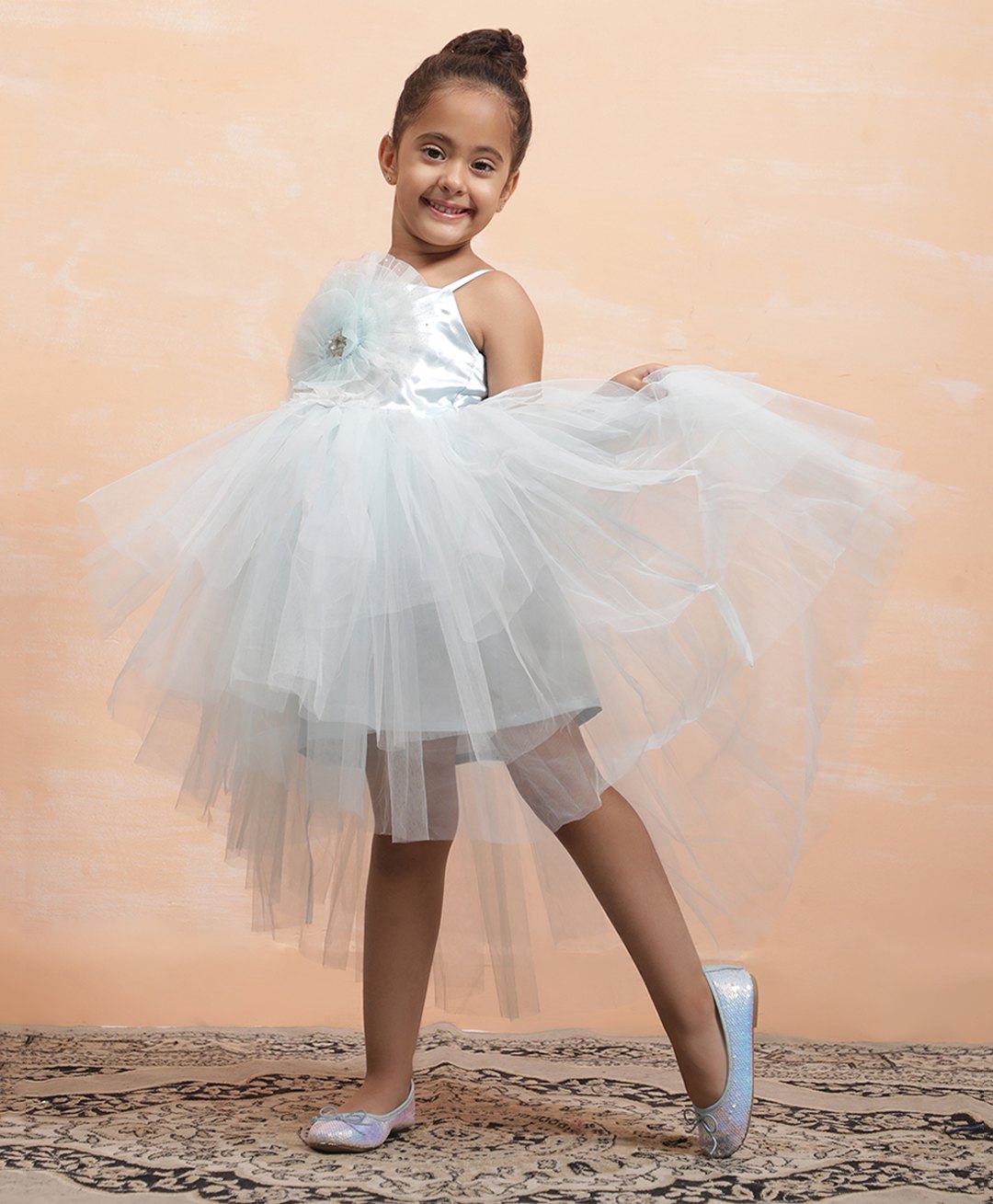 Toy Balloon Kids Net Sleeveless Floral Applique Embellished High Low Dress - Light Blue-image-9