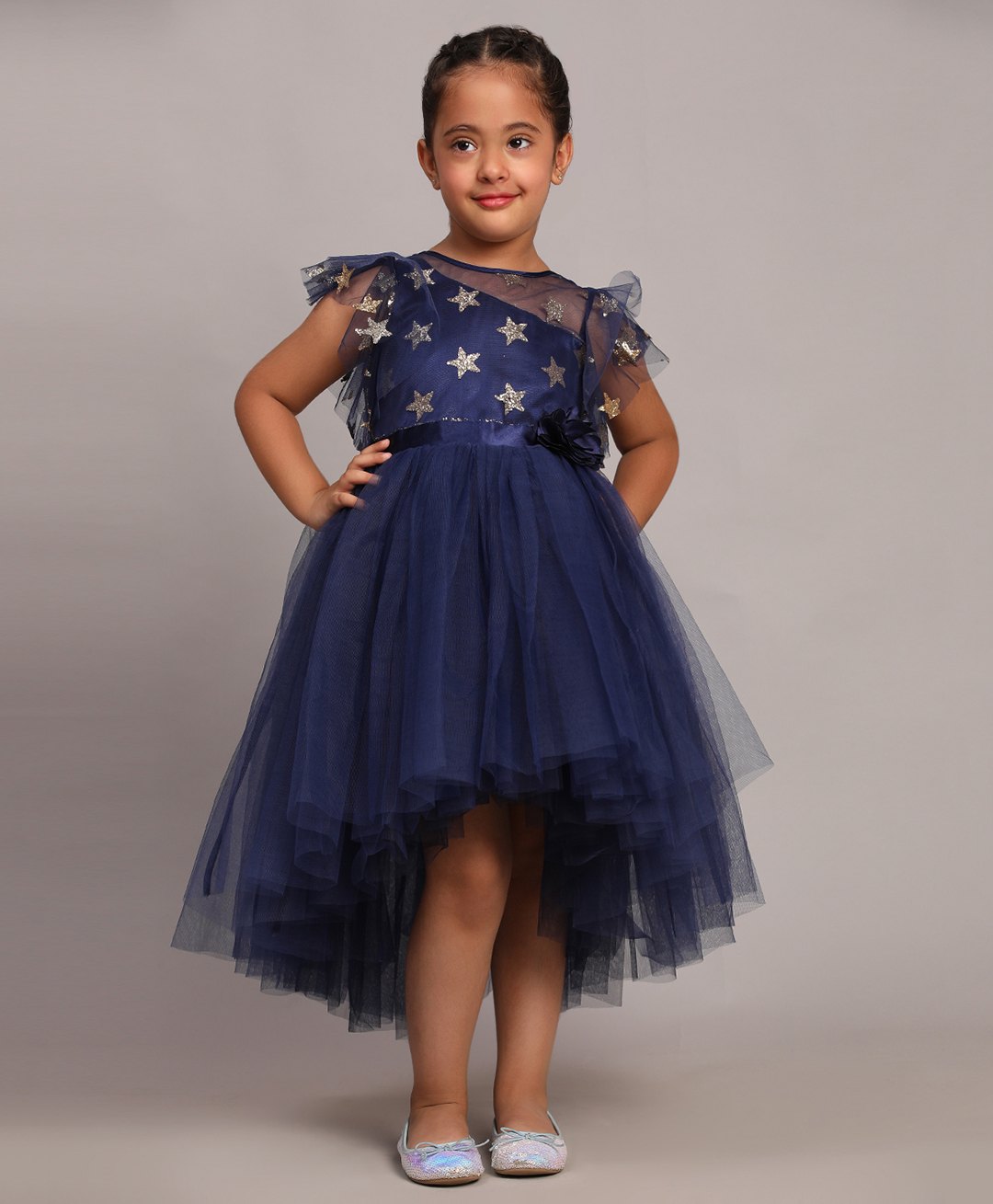 Toy Balloon Kids Net Flutter Sleeves Shimmer Star Detailed High Low Dress - Navy Blue-picture-14
