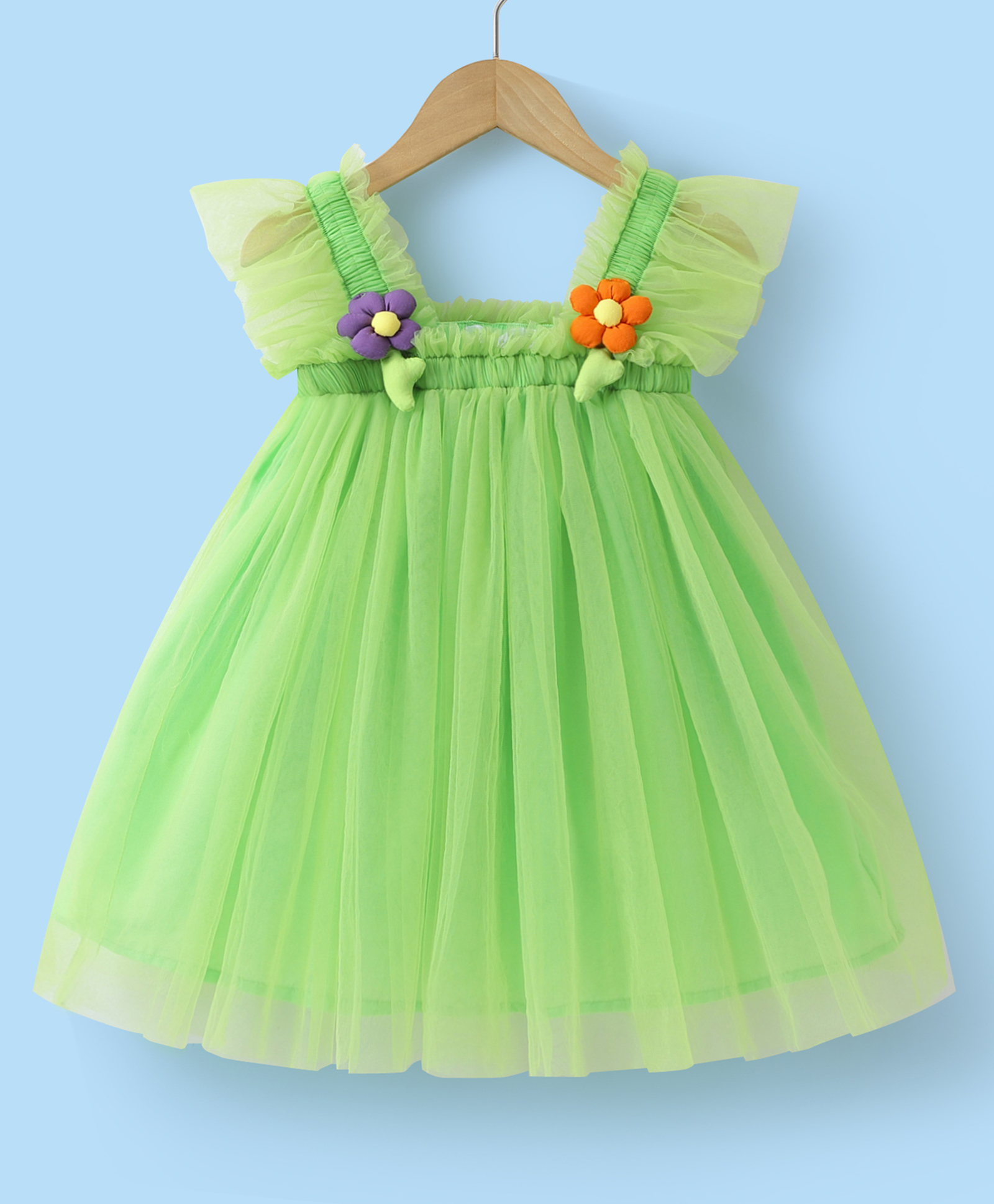 Mark & Mia Frill Sleeves Party Frock with Floral Applique - Light Green-image-19