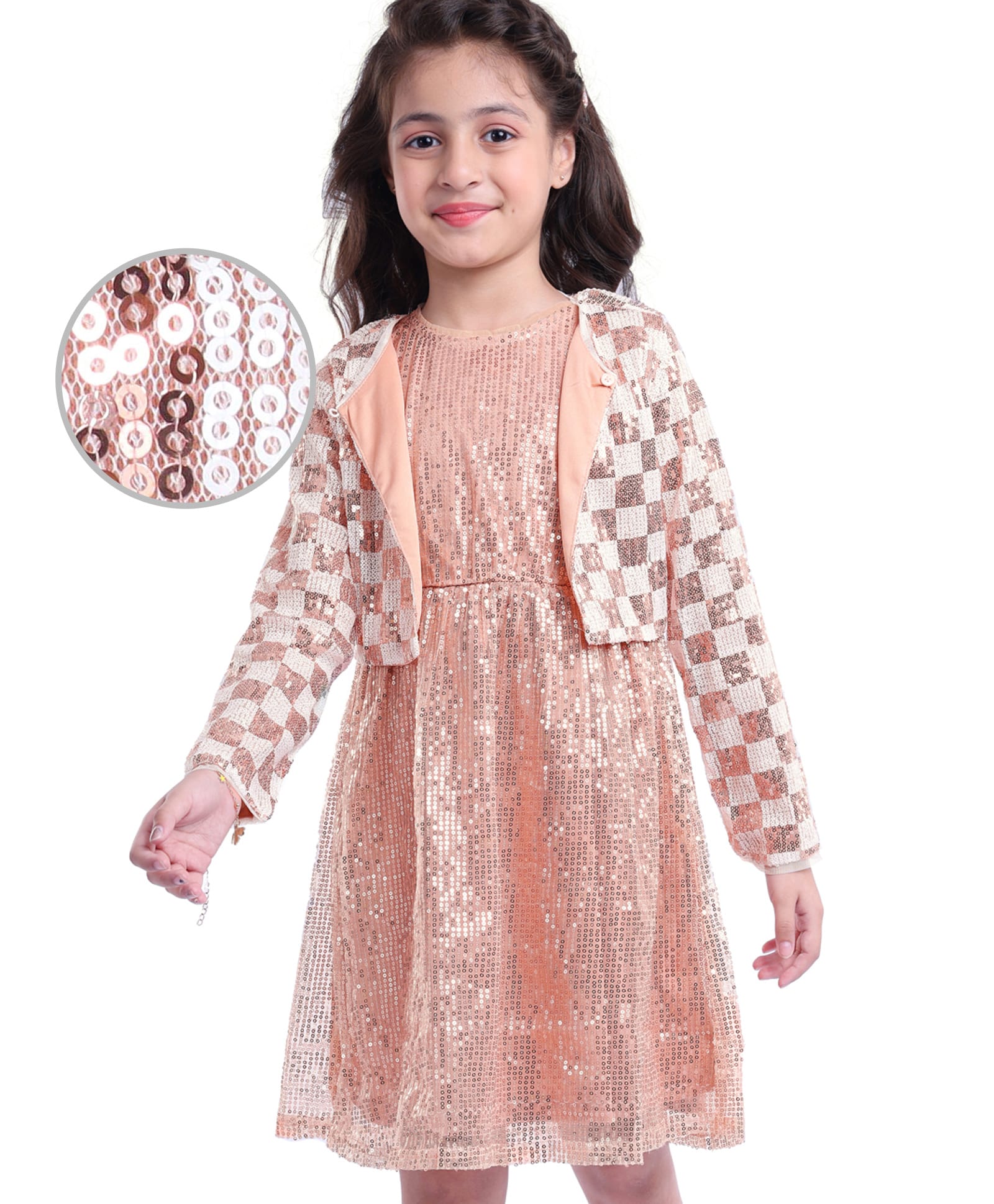Hola Bonita Knit Full Sleeves SequinedJacket & Knee LengthA Line Party Dress- Peach-image-45