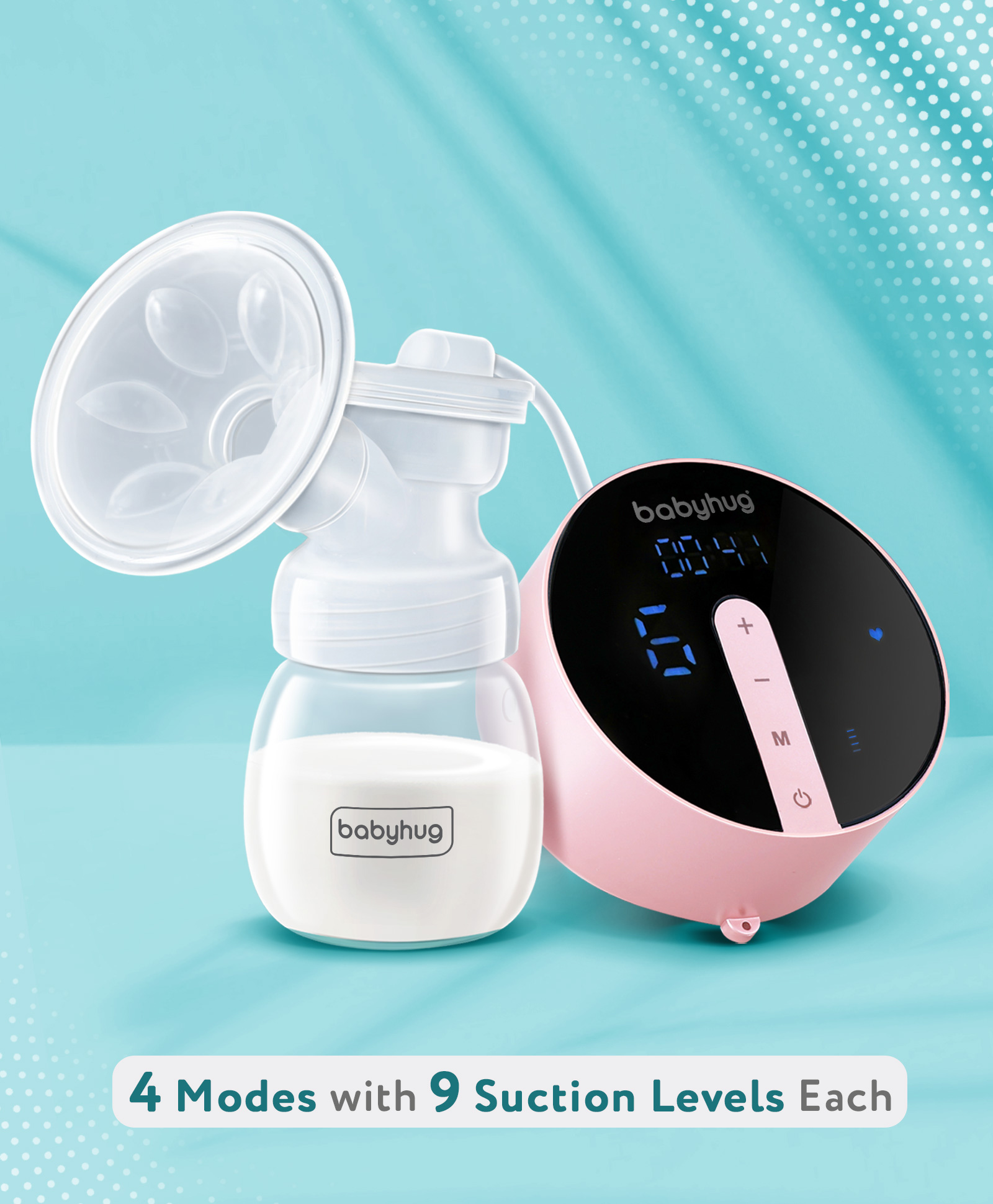 Babyhug Electric Breast Pump| 3 Operating Modes| 9 Suction Levels in each Mode| 1200 mAh Rechargeable Battery| Silent Operation| Anti Flowback| USB Charging| Soft Touch Display - White
