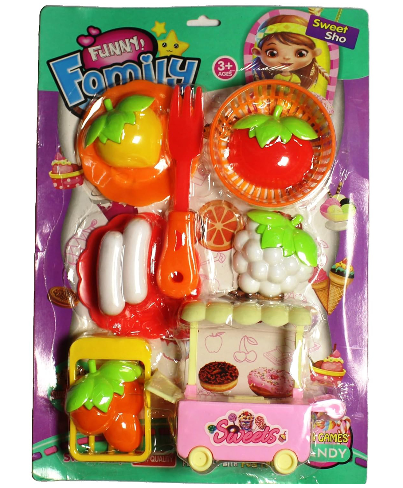 Sanjary pack of 2  Family Plastic Playset - 11-Piece Set for Kids - Ice Cream Cart, Mesh Basket, Fruits, and More color design may vary-picture-10