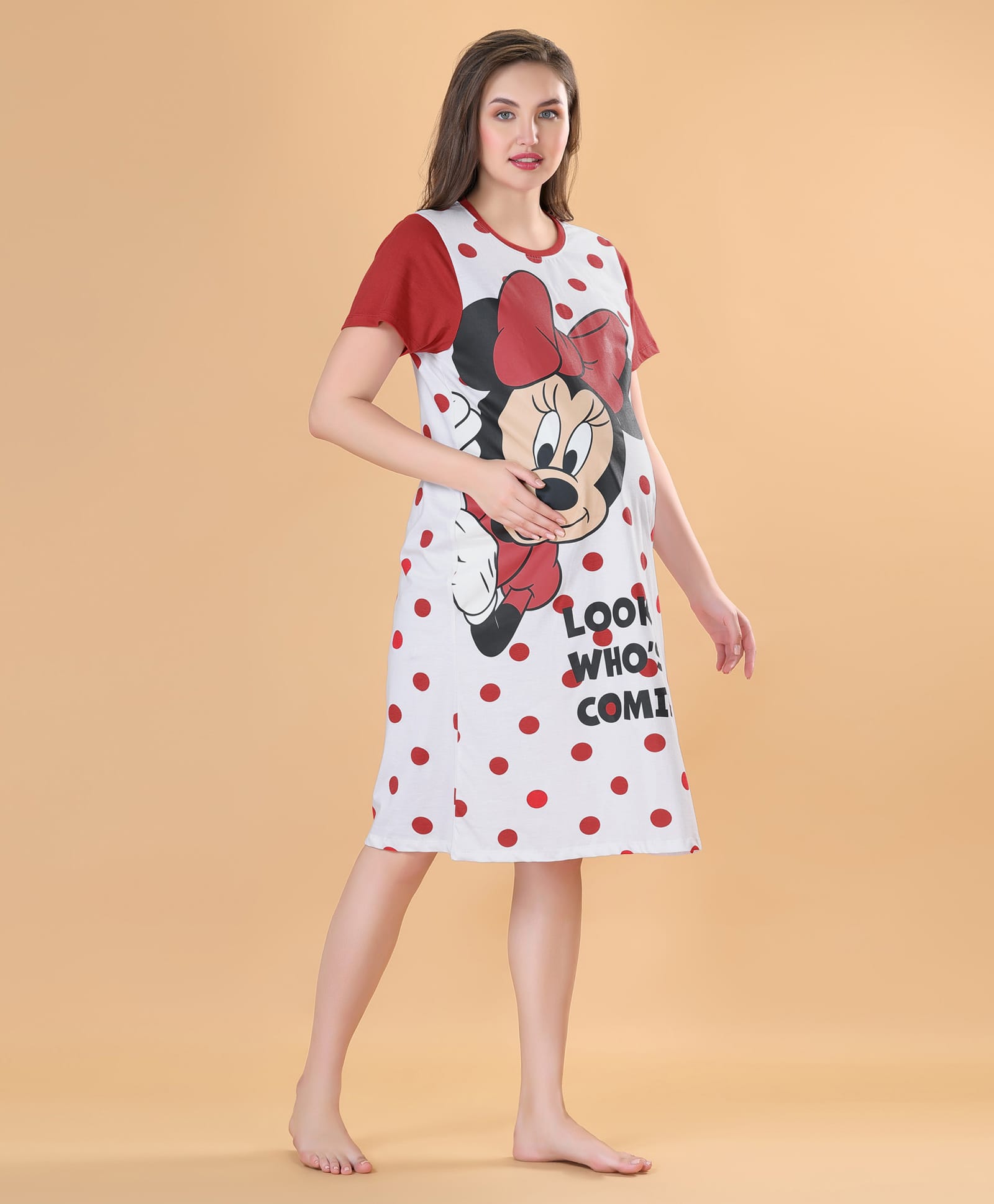 Bella Mama Disney Cotton Knit Half Sleeves Nighty With Minnie Mouse Graphics - White & Red-picture-13