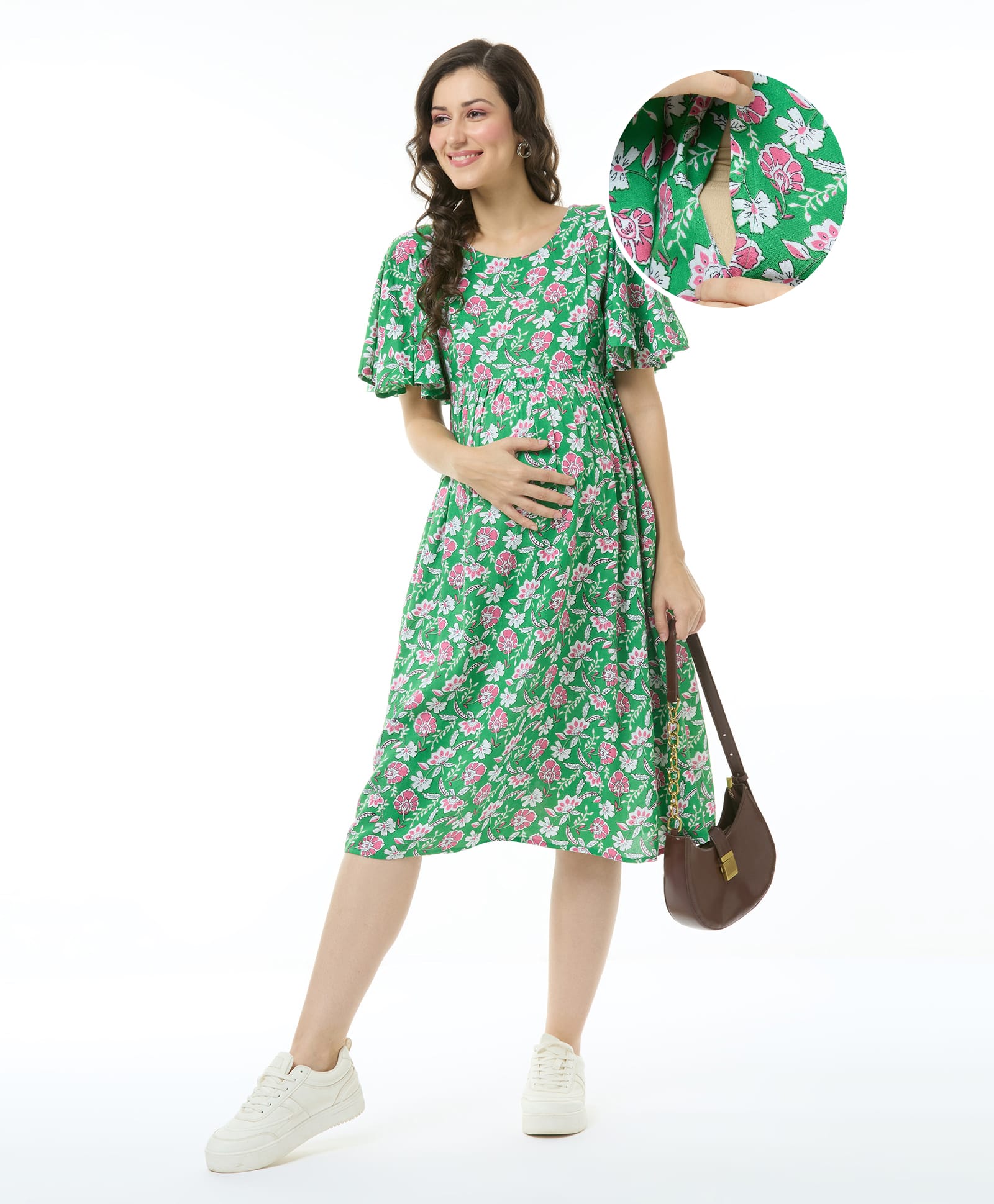 Bella Mama Women Half Sleeves Maternity Dress With Pocket Flower Print - Green-image-6