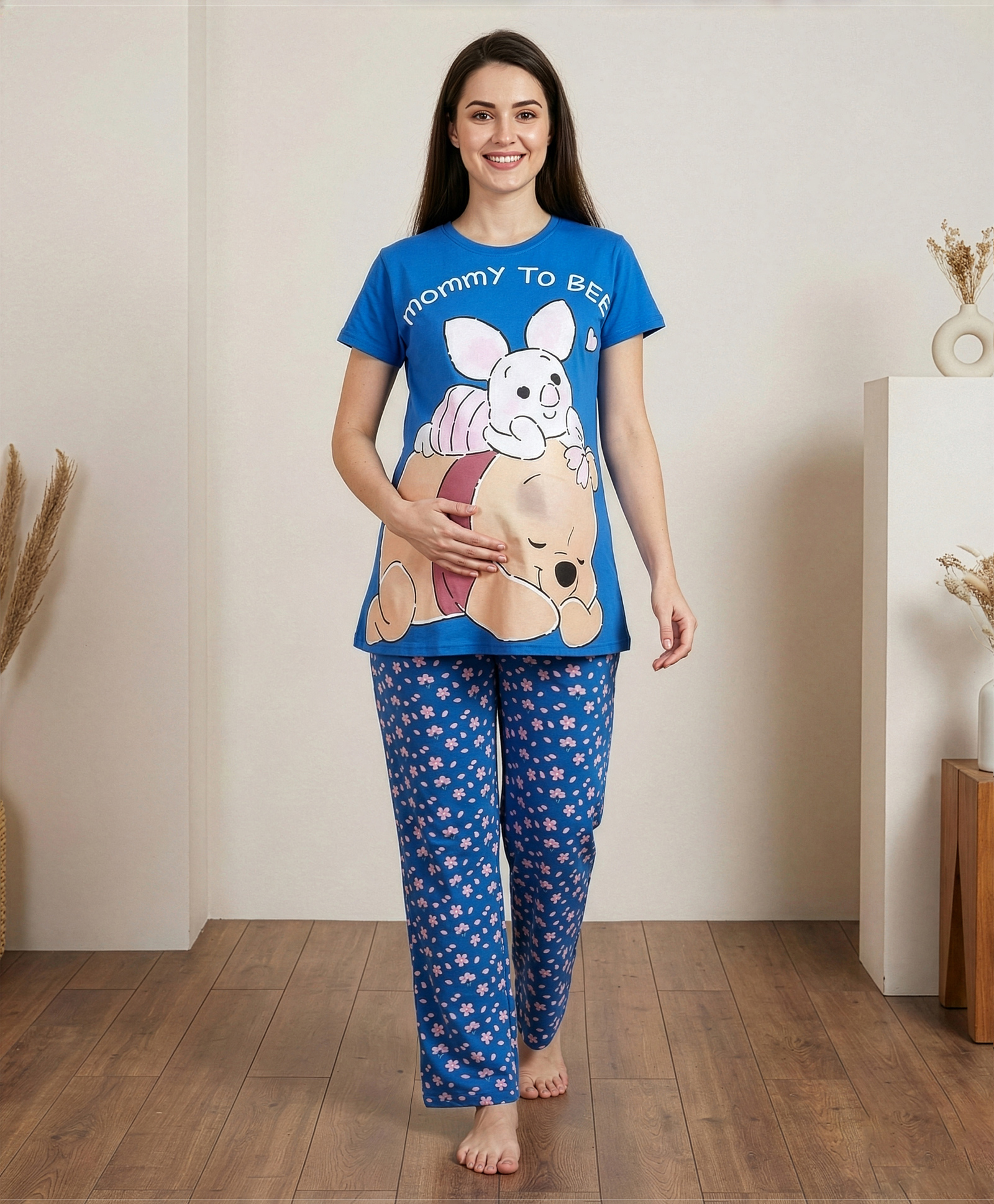 Bella Mama Disney Cotton Knit Half Sleeves Nursing Night Suit with Winnie the Pooh Graphics - Blue
