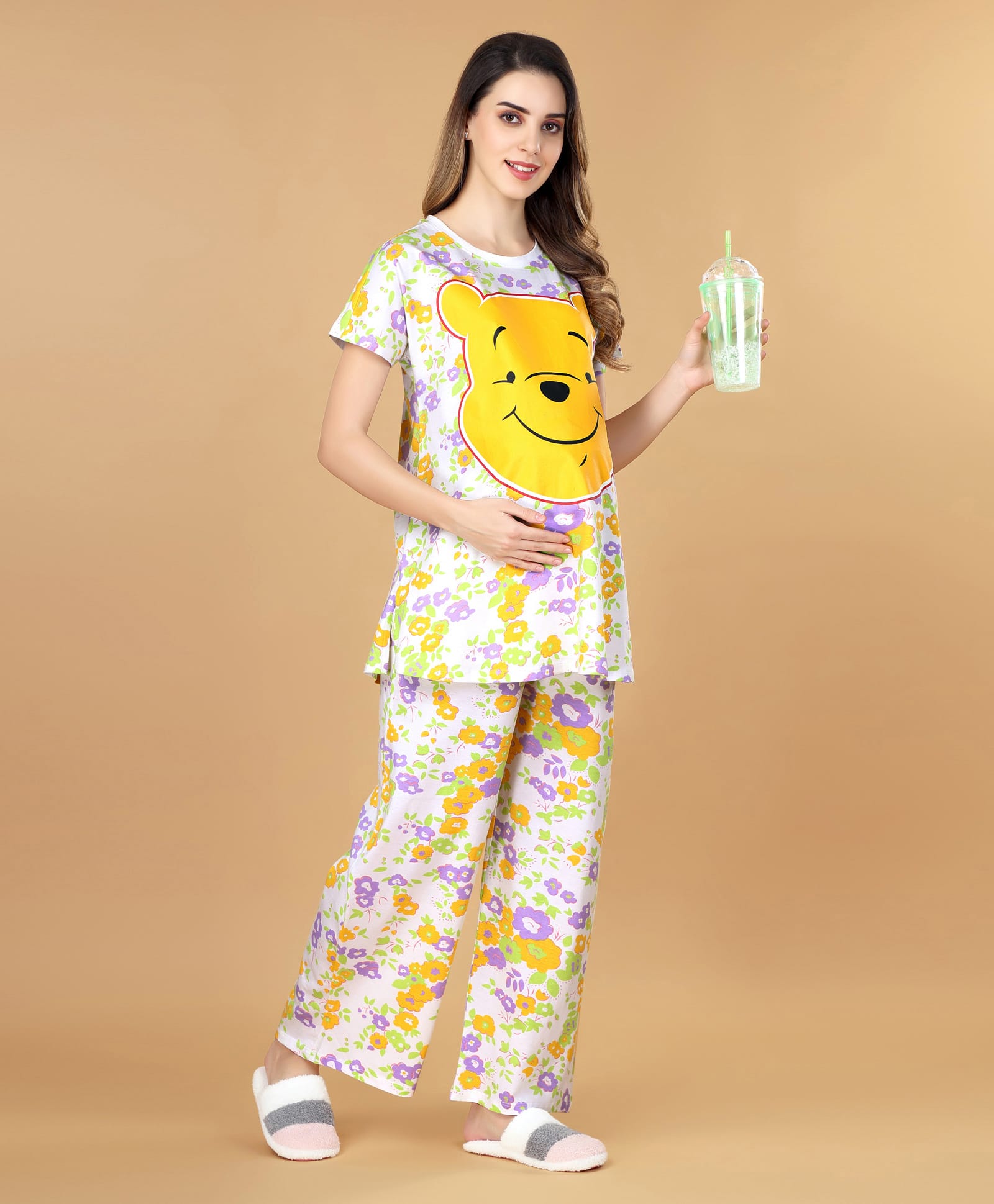 Bella Mama Disney Cotton Knit Half Sleeve Nursing Night Suit with Winnie the Pooh Graphics - White-picture-24