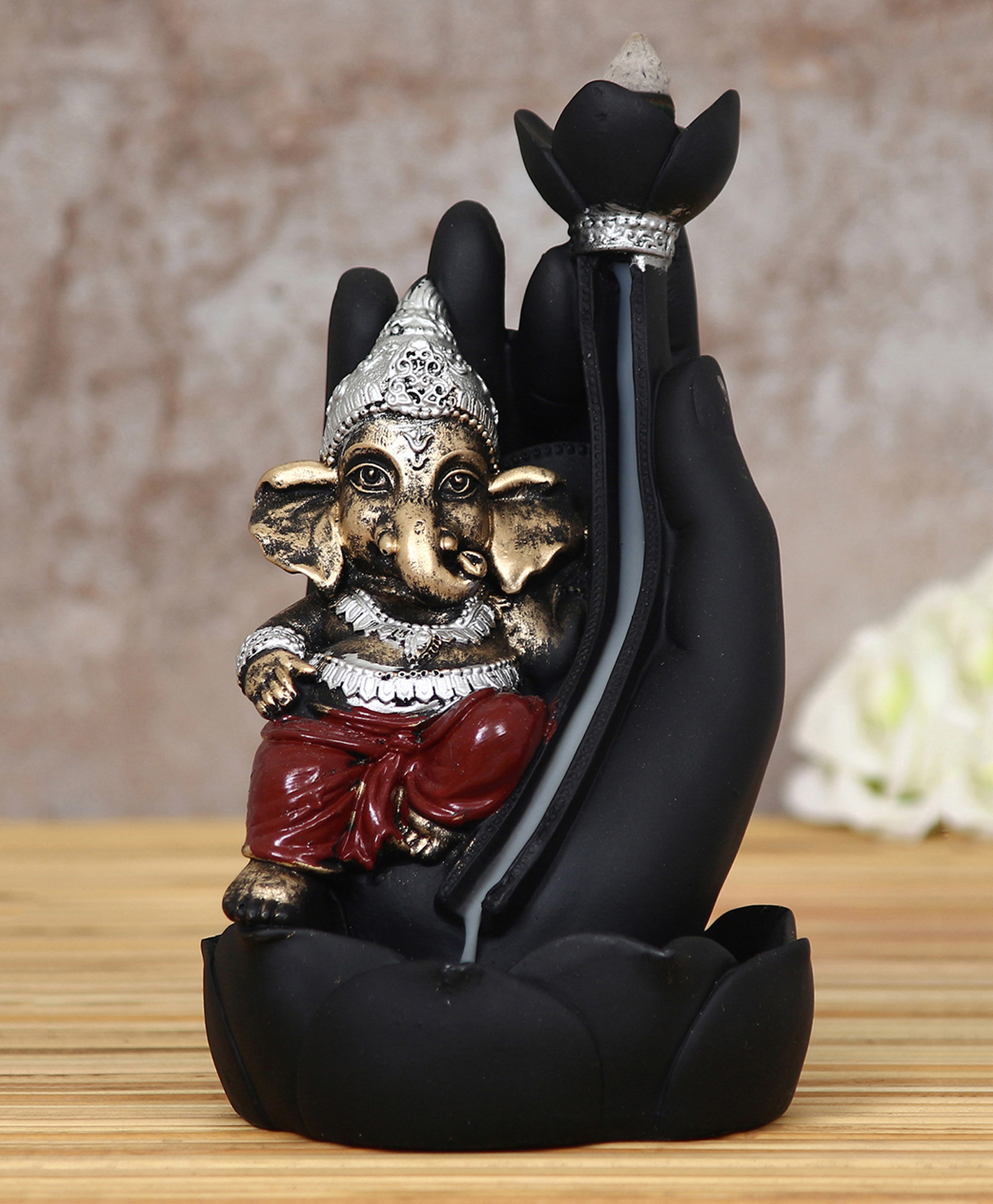 eCraftIndia Black & Gold-Toned Lord Ganesha Idol with Smoke Backflow Cone Incense Holder-image-5