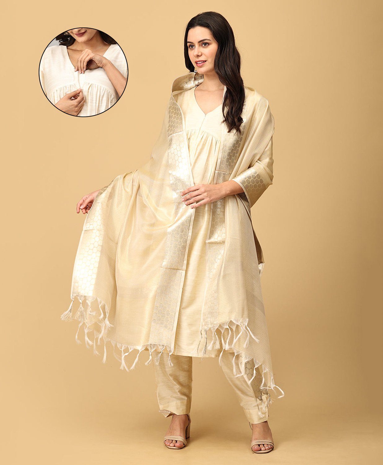 The Mom Store Silk Three Fourth Sleeves Solid Maternity Kurta With Nursing Access & Salwar With Foil Printed Dupatta Set - Multi Colour-picture-27