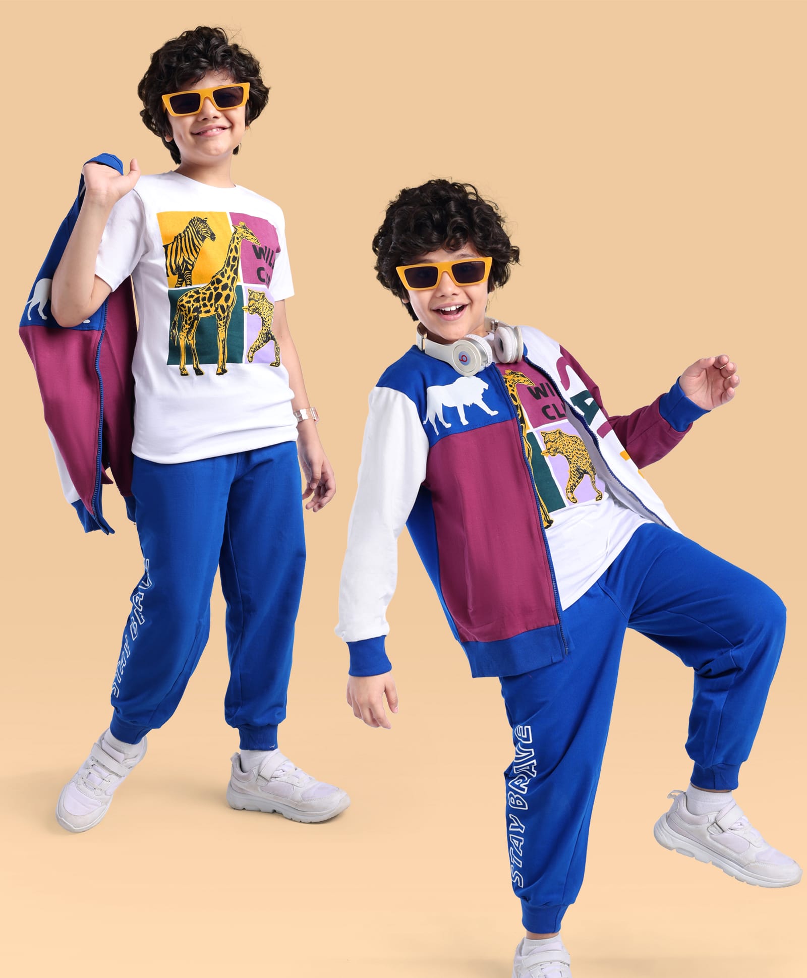Ollington St. Cotton Knit Full Sleeves Jungle Safari Themed Front Open Sweatshirt With T-Shirt & Joggers Set - Blue-image-29
