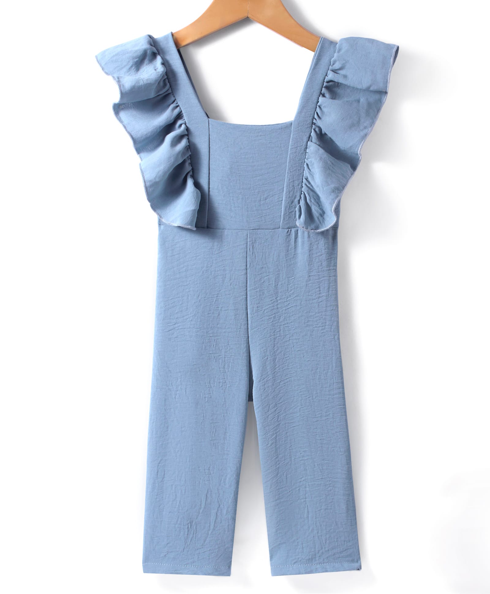 Kookie Kids Sleeveless Solid Color Jumpsuit with Frill Detailing - Blue-image-30