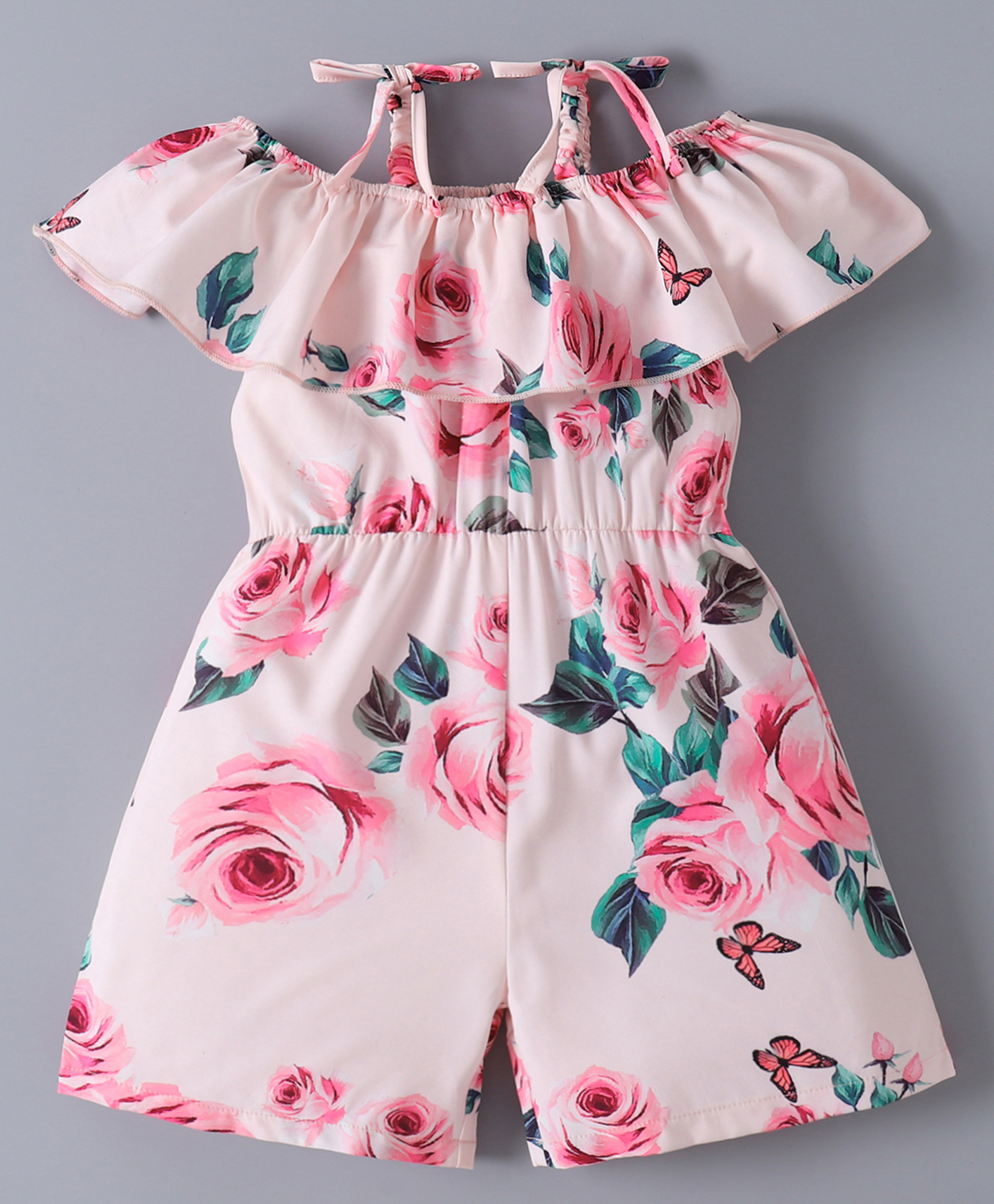 Kookie Kids Off Shoulder Sleeves Jumpsuit with Floral Print - Pink
