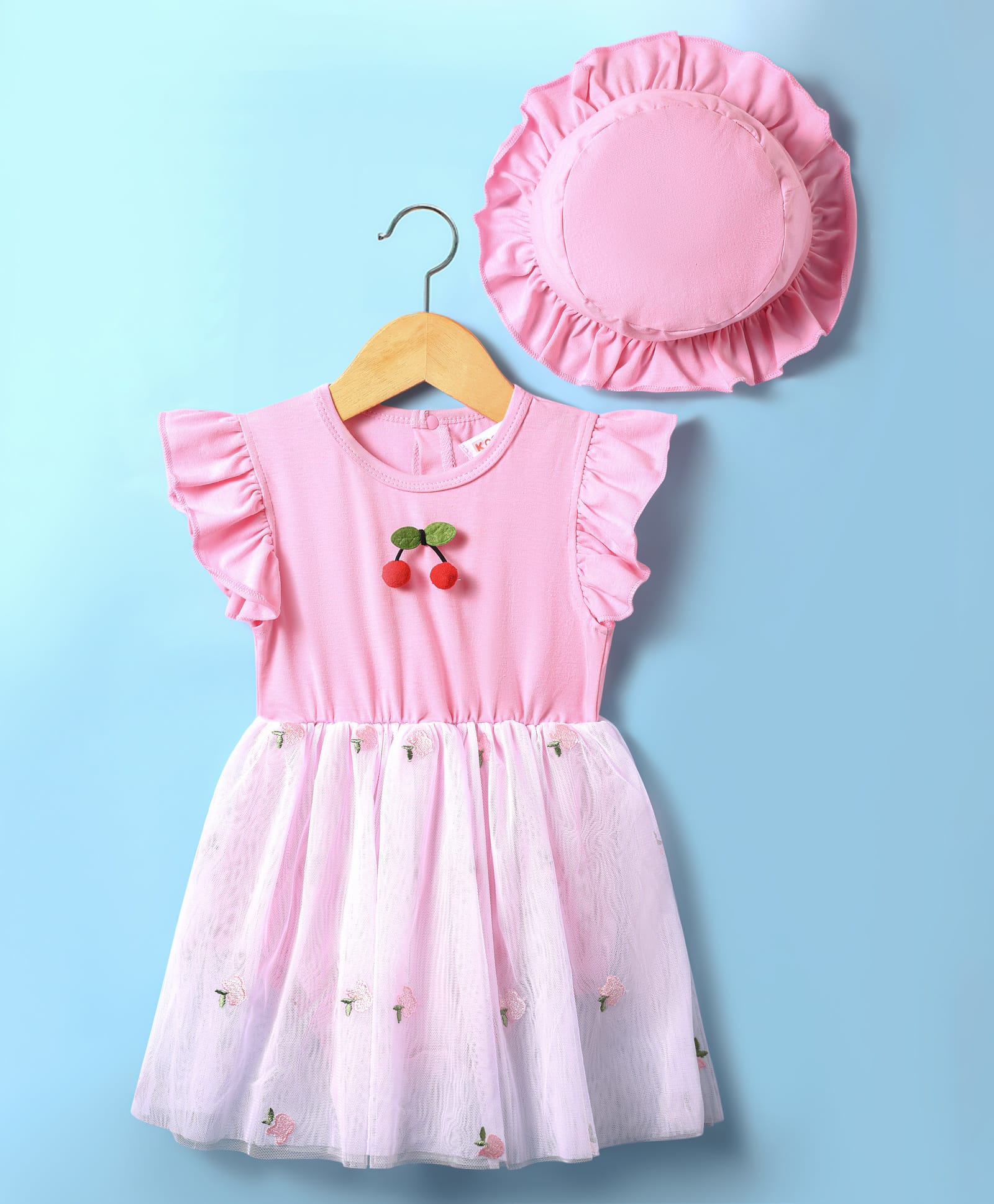 Kookie Kids Cotton Knit Frill Sleeves Frockstyle Onesie with Cap & Cherry Applique and Embroidery - Pink
