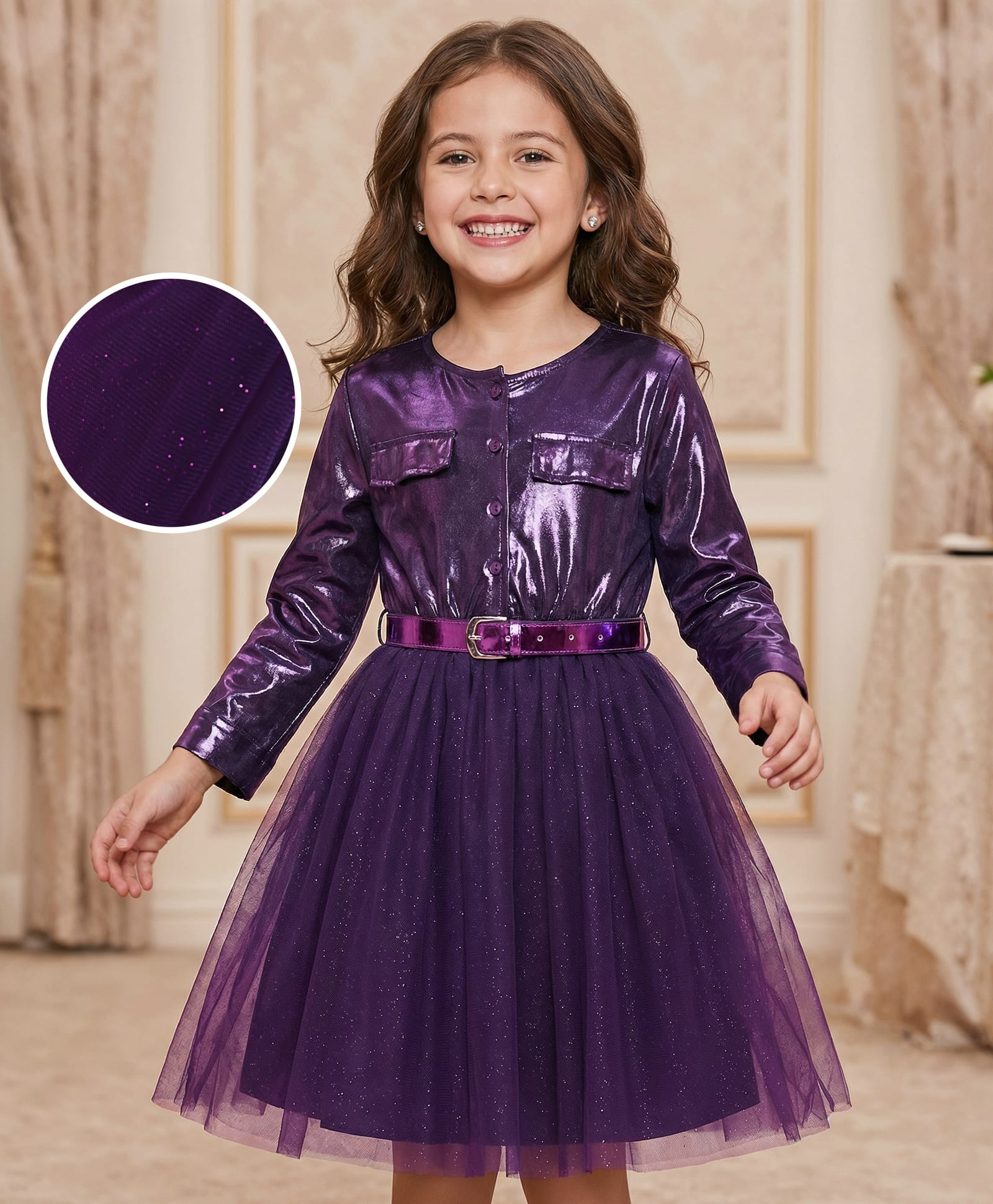 Hola Bonita Knit Three FourthSleeves Holographic Glitter Printed Mesh Party Dress - Purple-image-1