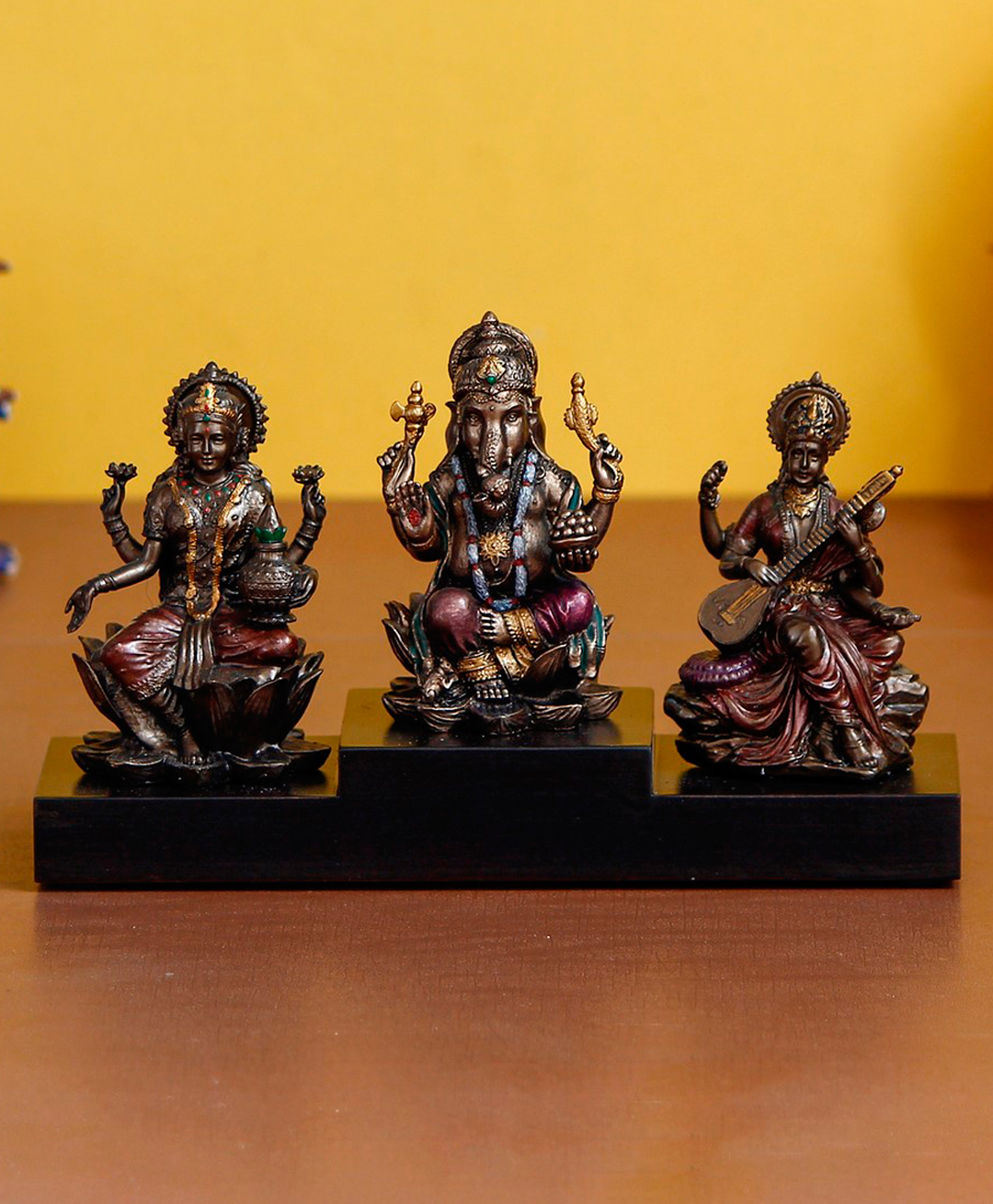 eCraftIndia Handcrafted Polyresin Bronze Finish Lakshmi Ganesha Saraswati Idols
