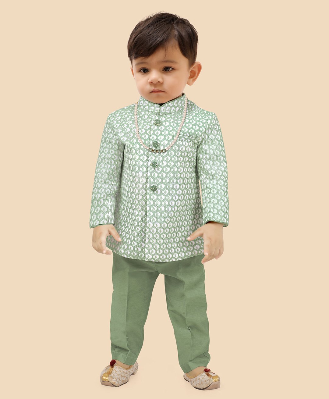 little desi Full Sleeves Ethnic Motif Printed Kurta With Solid Pyjama Set - Sage Green-picture-11