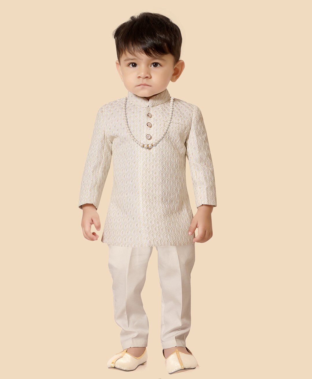 little desi Full Sleeves Ethnic Motif Embroidered Kurta With Solid Refined Pyjama Set - Cream-picture-0