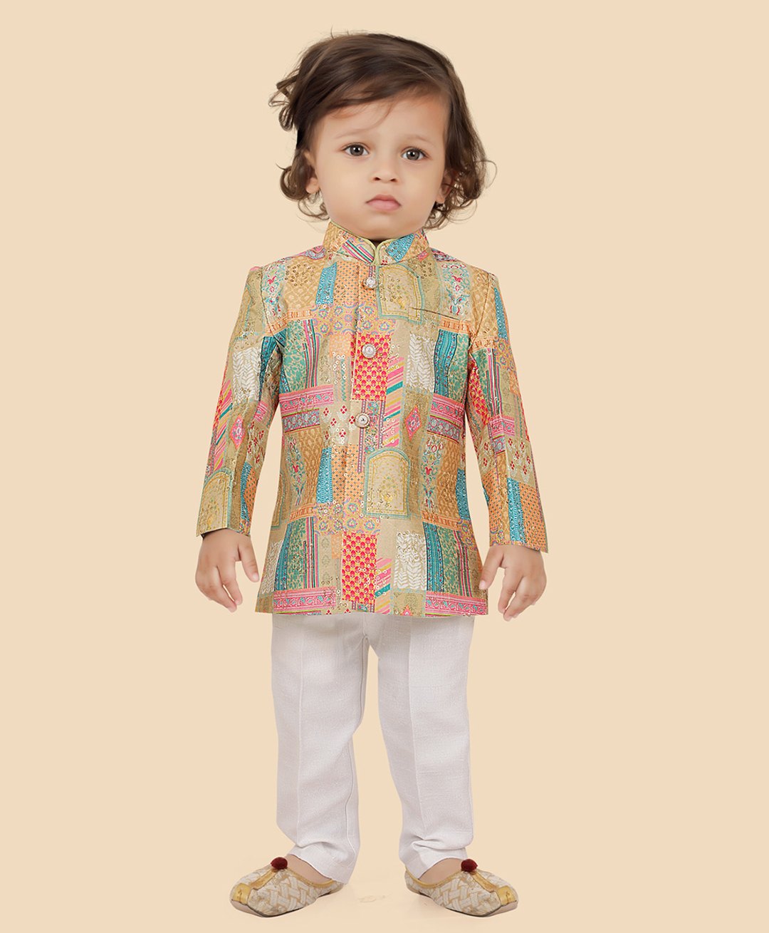 little desi Chanderi Silk Full Sleeves Sequins Embellished Self designed Kurta With Solid Pyjama Set - Pista-picture-9