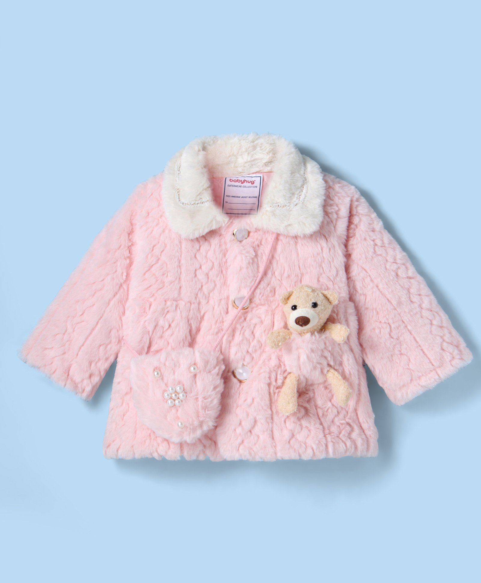 Babyhug Fur Woven Full Sleeves Winter Jacket with Bear Applique - Pink-picture-20