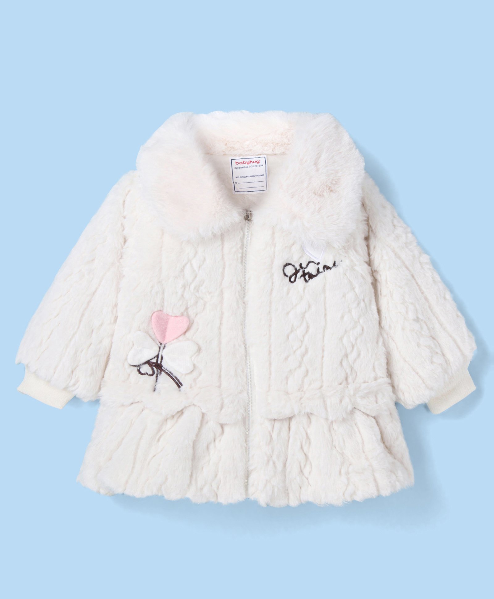 Babyhug Fur Woven Full Sleeves Winter Jacket with Heart Applique & Sling Bag - White-picture-11